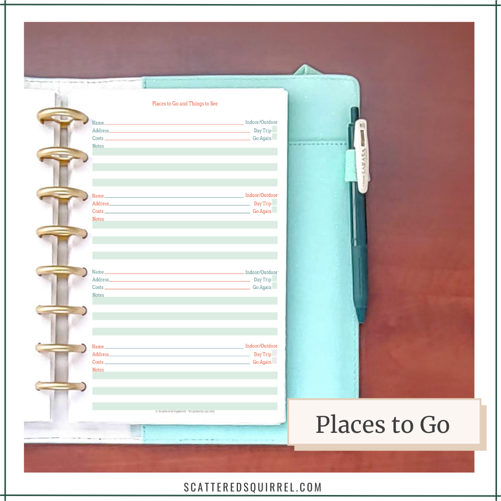 An auqa planner with gold disc binding shows an activities planner page.