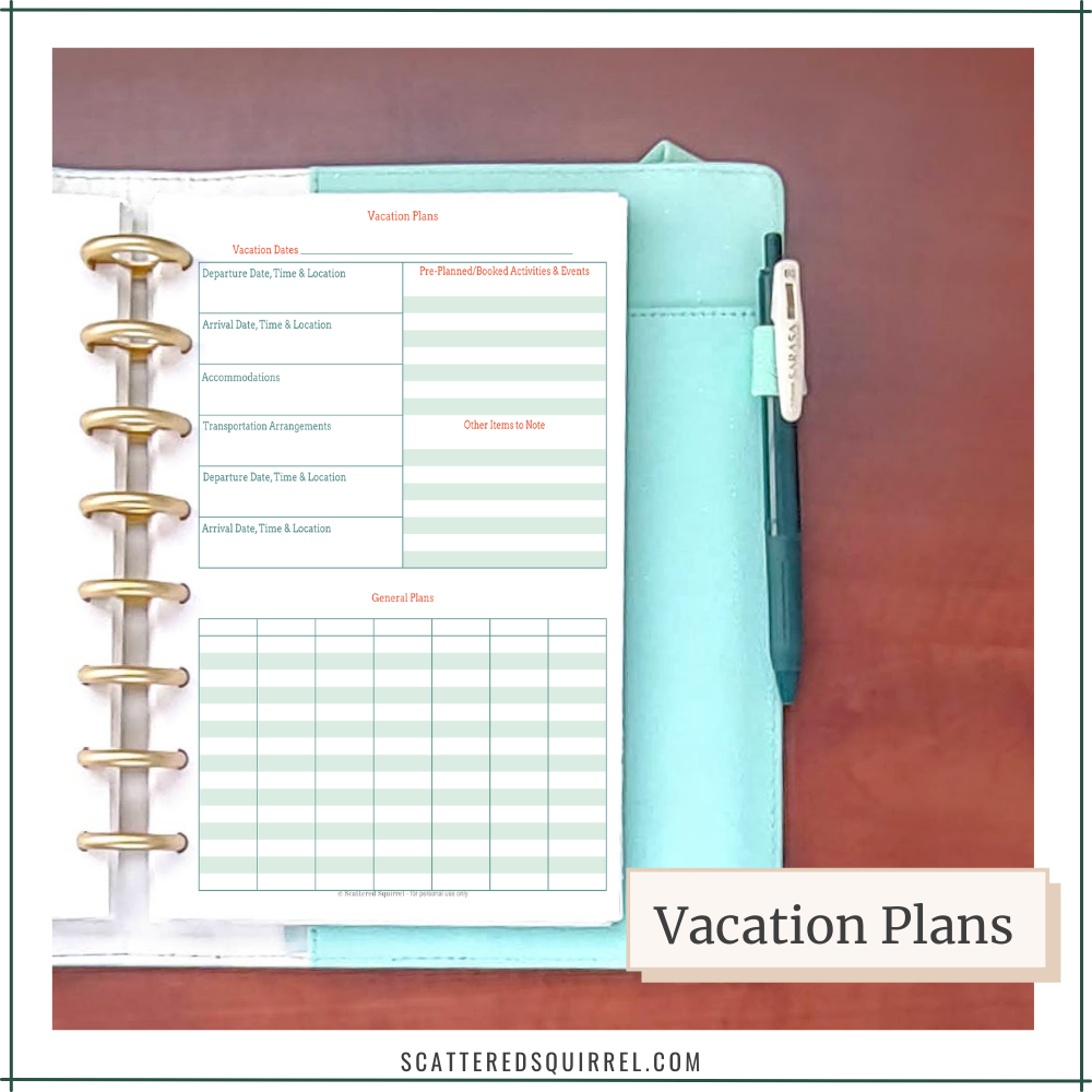 An auqa planner with gold disc binding shows a vacation planning page