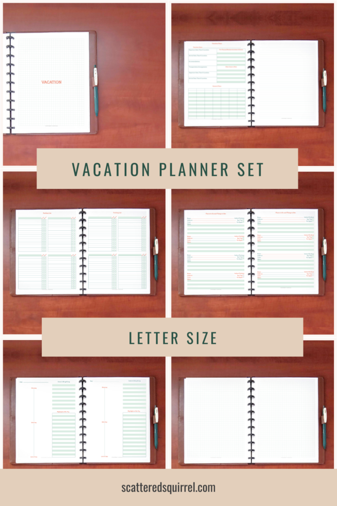 Grid collage image that shows planners with different pages in each image. The title boxes read Vacation Planner Set and Letter Size in dark green, sans serif font.