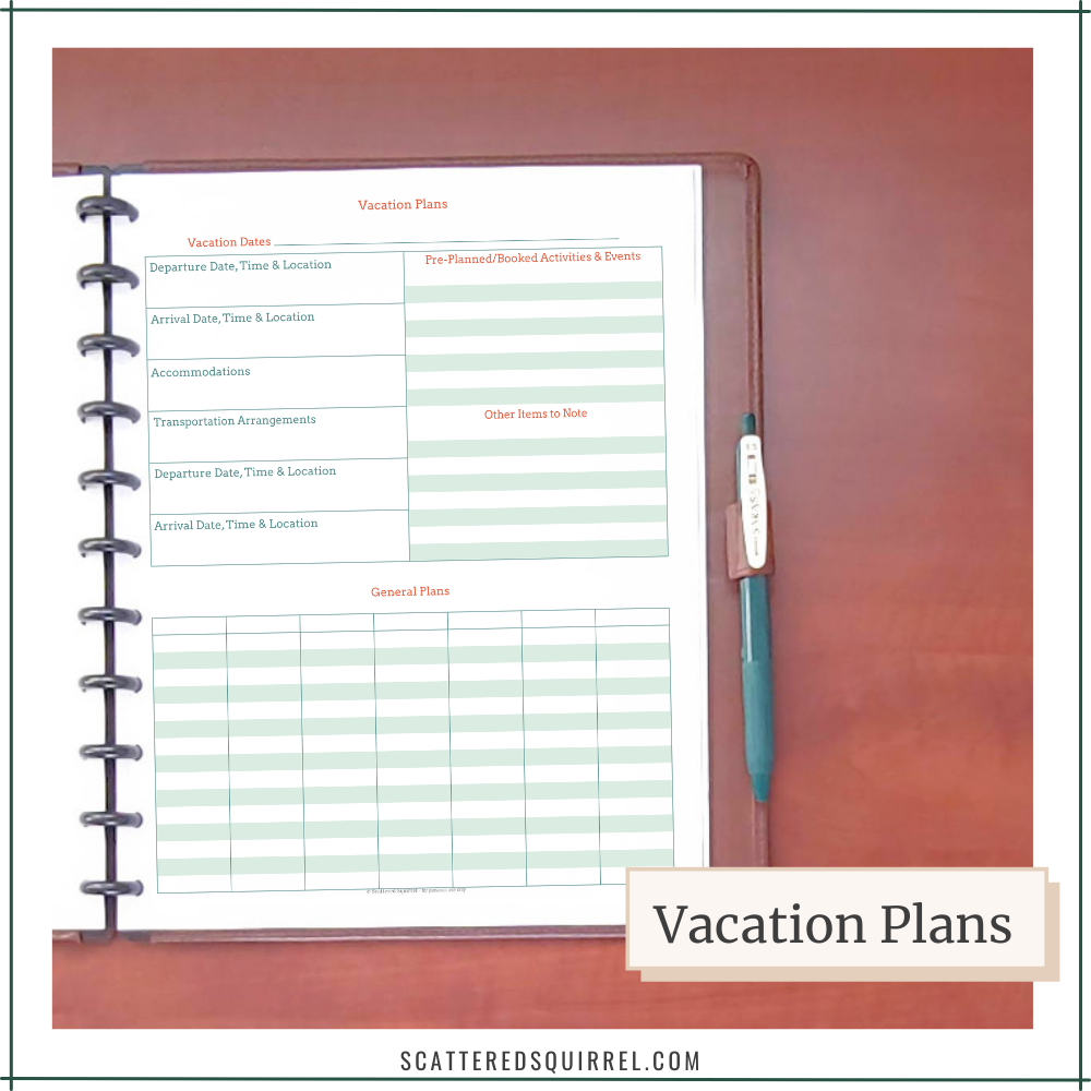 A brown planner with black disc binding shows a vacation planning page with room for noting things like departure and arrival dates.