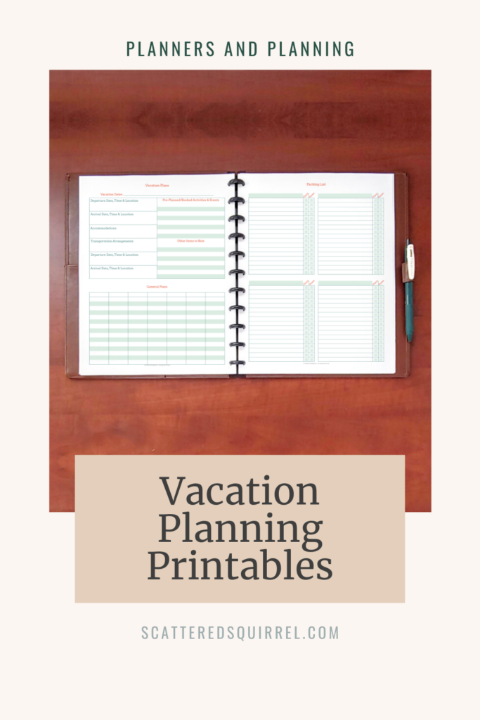 Images reads Planners and Planning at the top. Under that is a picture of a planner lying open on a wood surface. The planner shows a vacation planning page and packing list page. Under that it reads Vacation Planning Printables