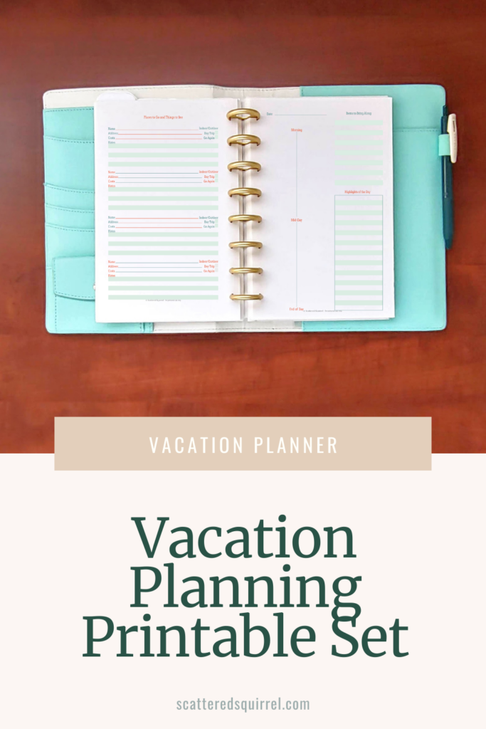 There is an aqua planner lying open on a wood surface. The pages show an activity planner and day planner. The title reader Vacation Planning Printable Set