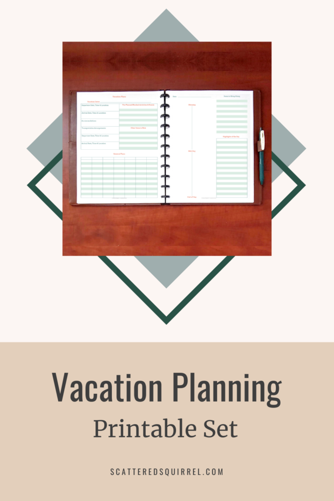 A planner lies open on a wood surfaces and shows a vacation planning page and a day planner. The title reads Vacation Planning Printable Set.