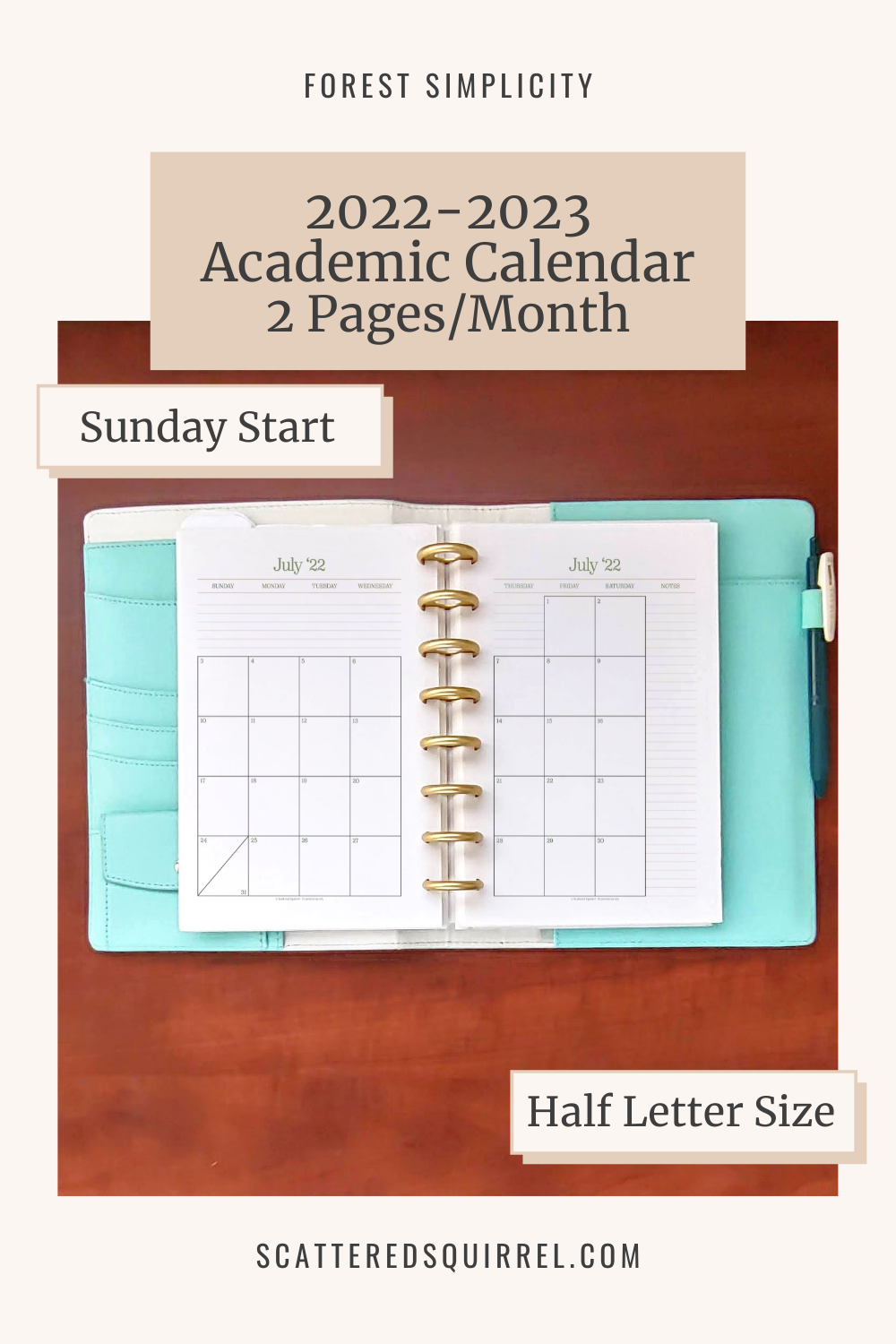 A dated monthly calendar featuring one month on to pages in half letter size is pictured. Clicking this image will take you to the PDF for the Half Letter Size - Sunday Start, month on two pages, Acadmemic calendar