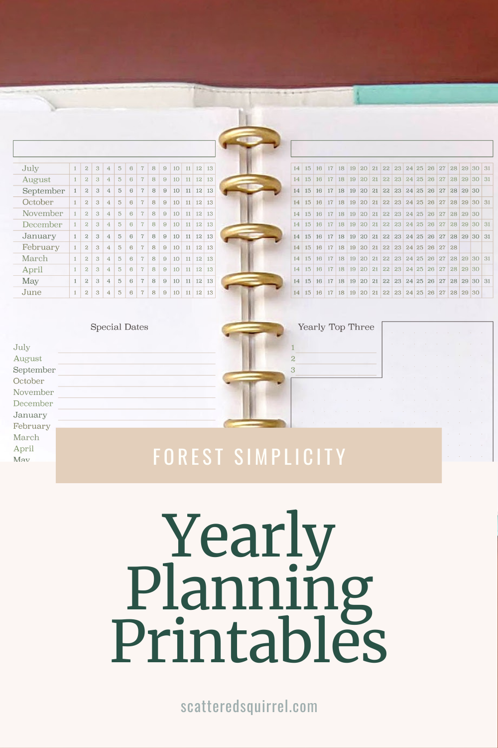 Images shows an open planner with gold disc, the pages show a yearly planning page with a dated grid for the whole year and sections for special dates and notes.