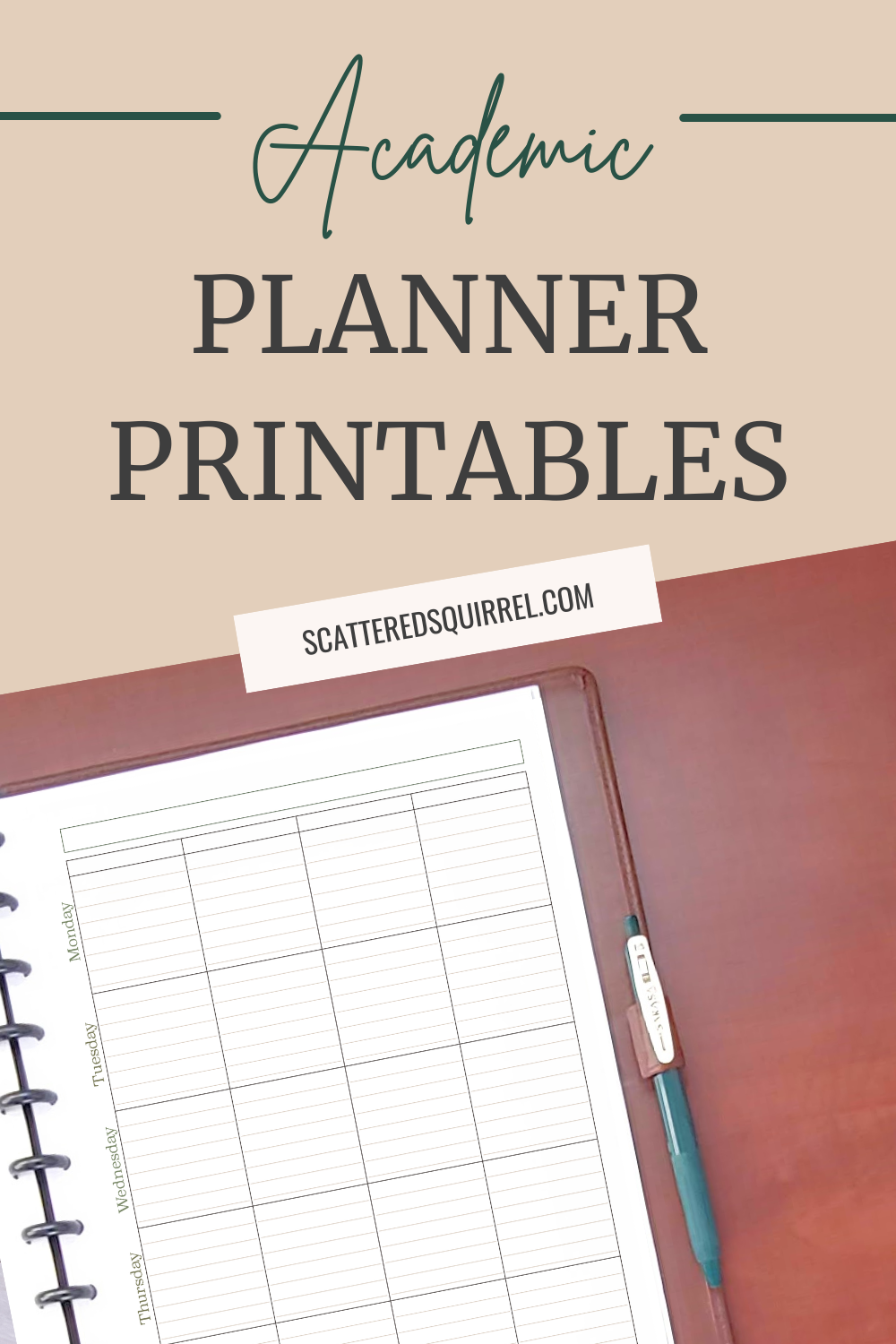 Title text reads Academic Planner Printables. Image shows an open disband planner showing a portion of the Teacher Weekly Planner.