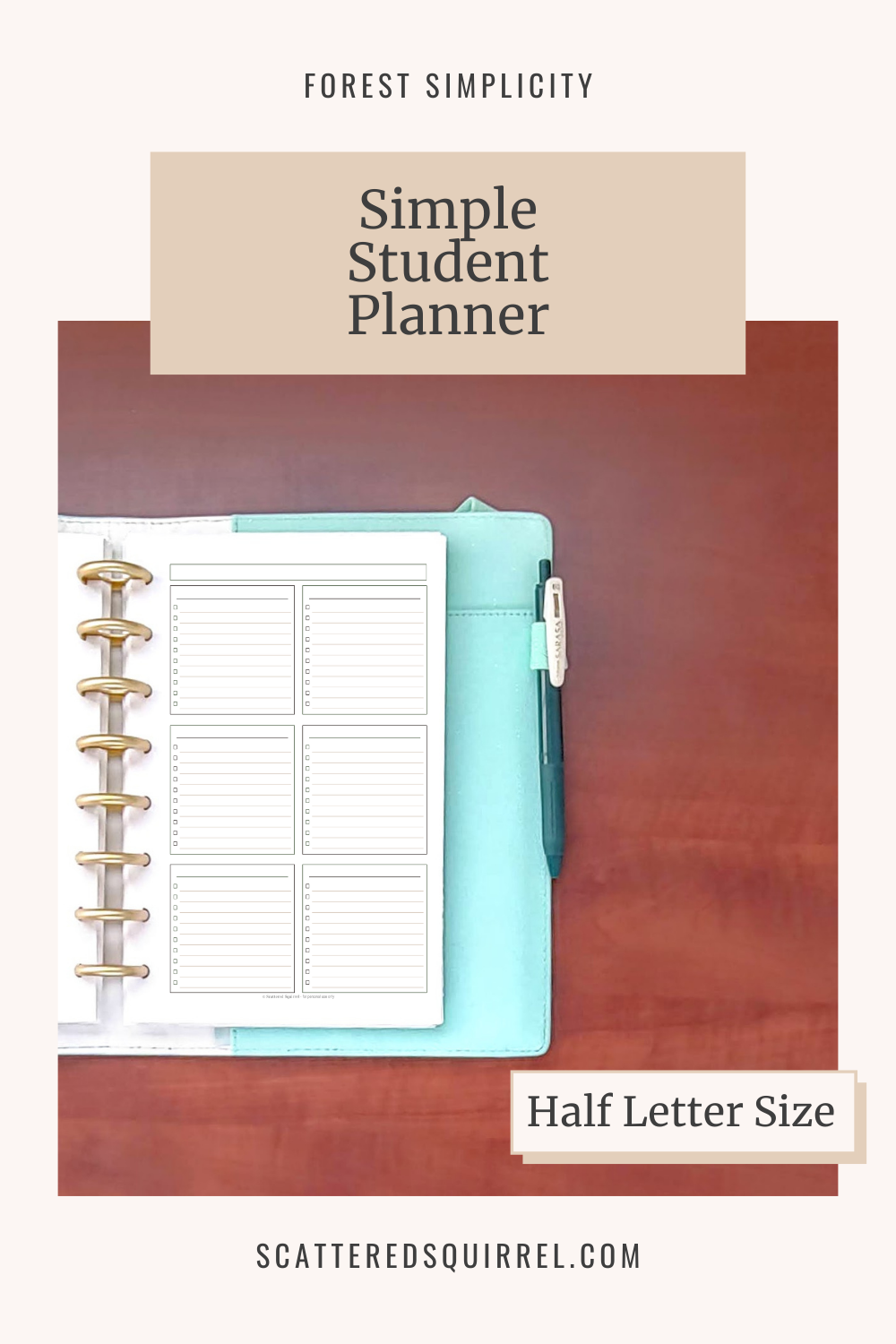 Title text reads - Simple Student Planner. Image shows an open half-letter size disc bound planner. The page it shows has a title box at the top and is divided into six boxes with checklist and a line for a title.