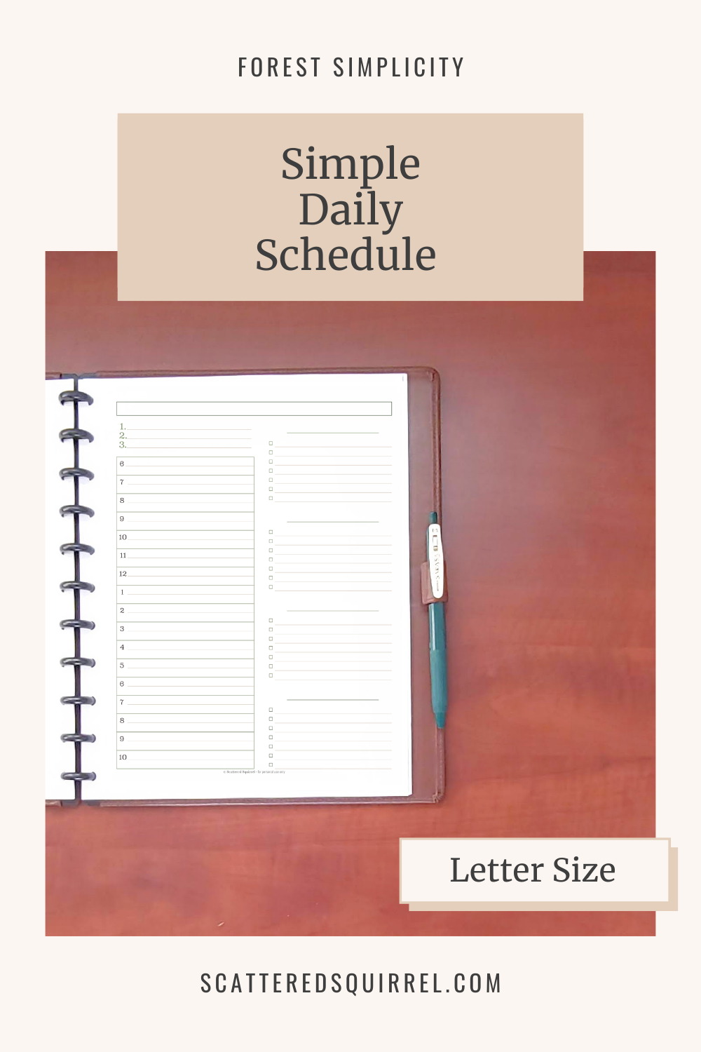 Title text reads - Simple Daily Schedule. Image shows an open disc bound planner. The page it shows has a title box at the top and is divided into two columns. The left column has room for the top three priorities followed by a section divided into hours for planning a daily schedule. The right hand column is divided into four checklist sections.