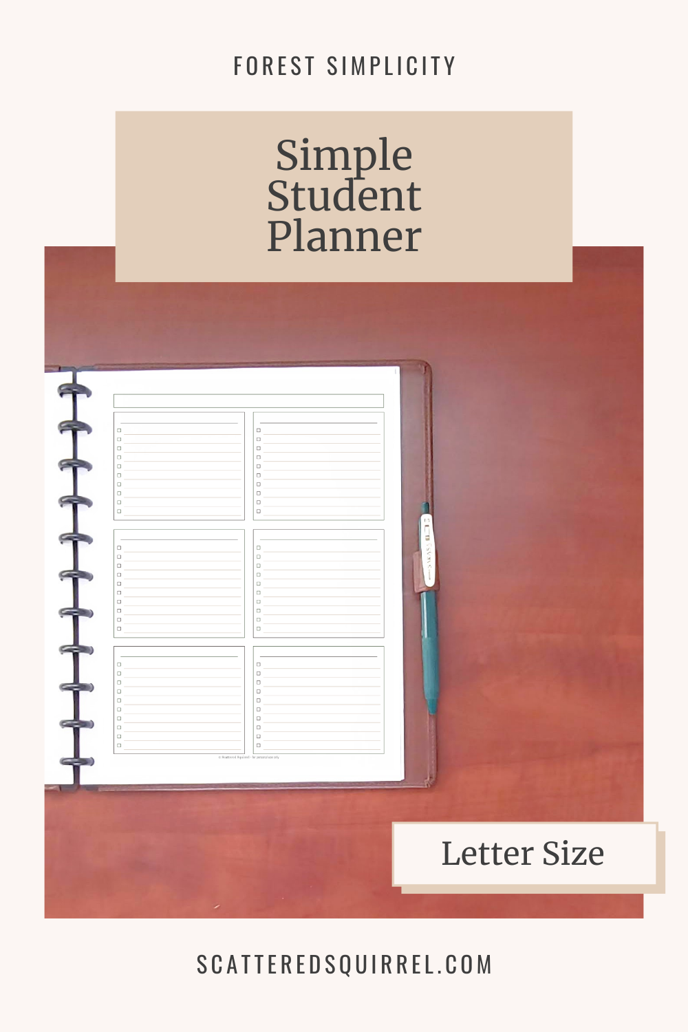 Title text reads - Simple Student Planner. Image shows an open disc bound planner. The page it shows has a title box at the top and is divided into six boxes with checklist and a line for a title.