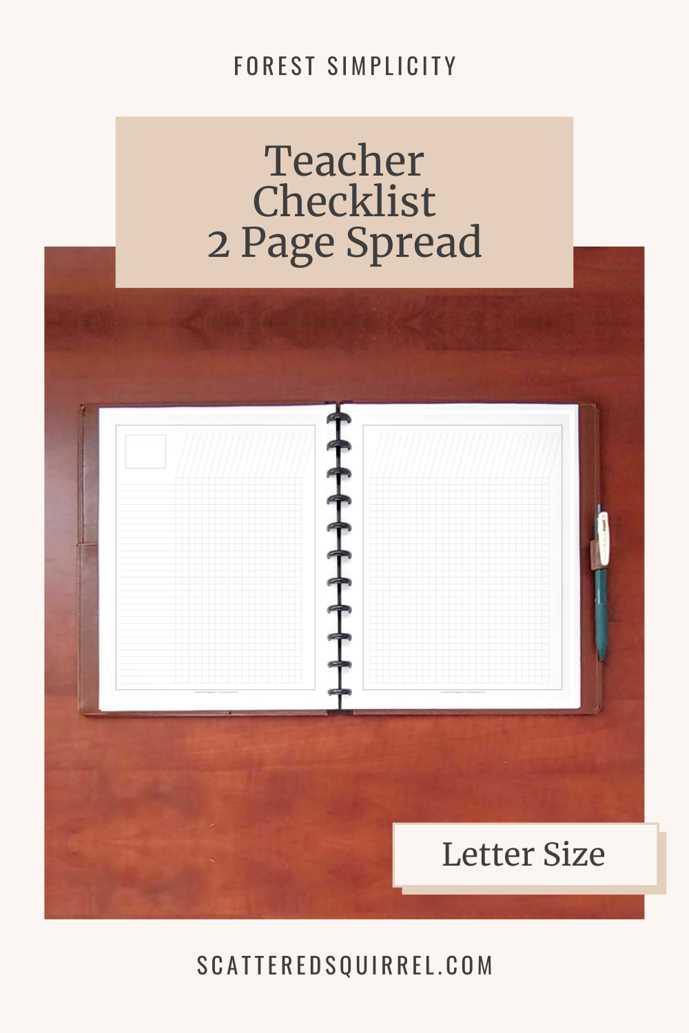 Title text reads - Teacher Checklist Two Page Spread. Image shows an open disc bound planner that has two checklist pages on it. The left page is divided into a grid with labels spots for each row and column. The right page is also divided into a grid with labels only on the top for the columns.