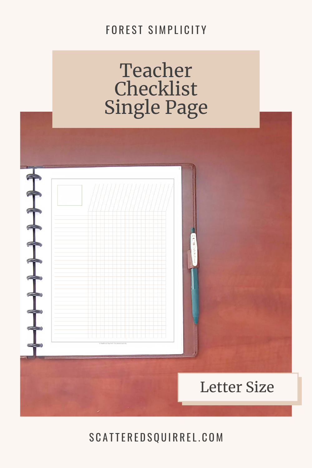 Title text reads - Teacher Checklist Single Page. Image shows an open disc bound planner that has a checklist page on it. The page is divided into a grid with labels spots for each row and column.