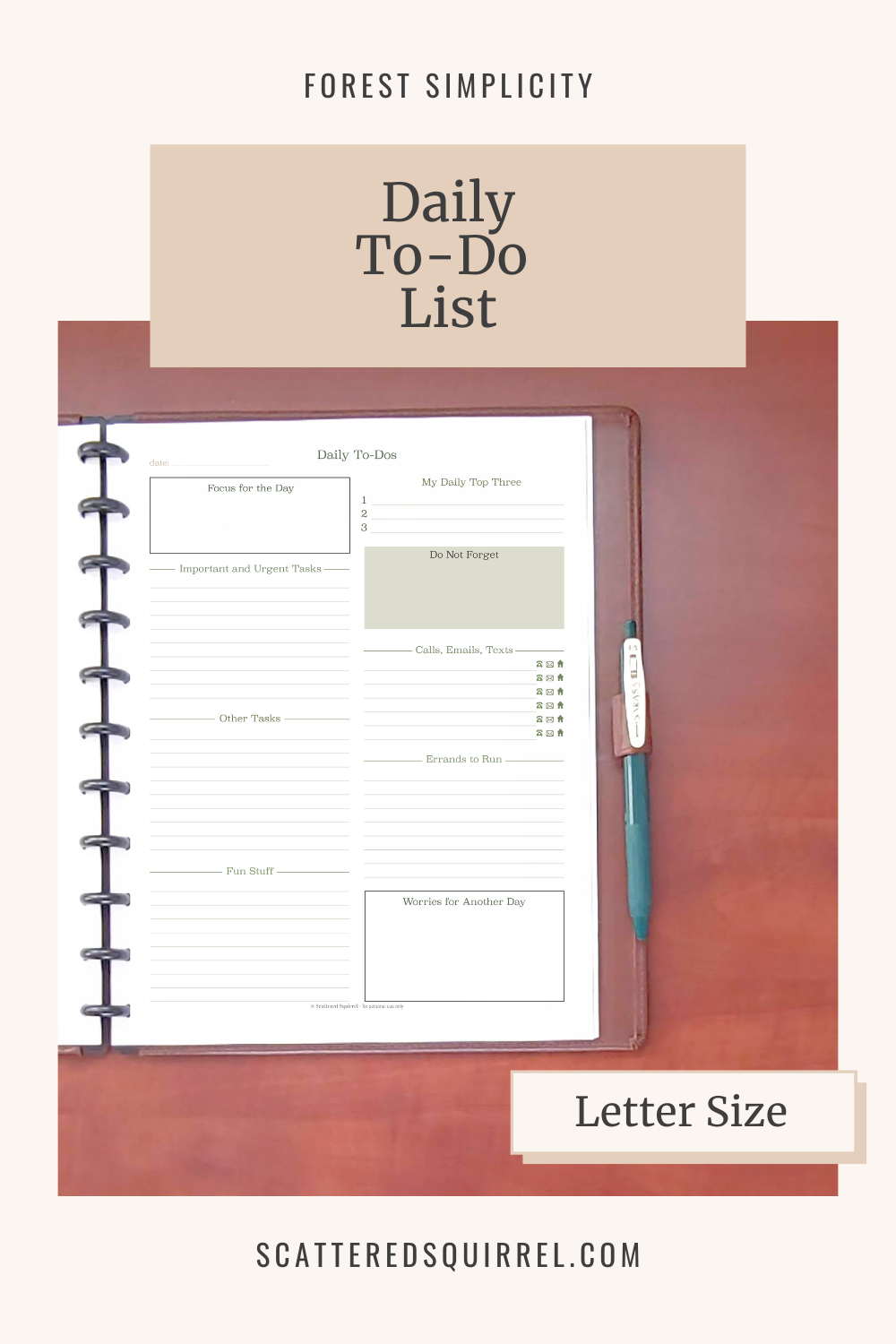 Text says "Forest Simplicity, Daily To-Do list" and the image show a brown leather planner open on a wooden desk with a daily to-do list page. This image links to the Letter Size Daily To-Do List PDF