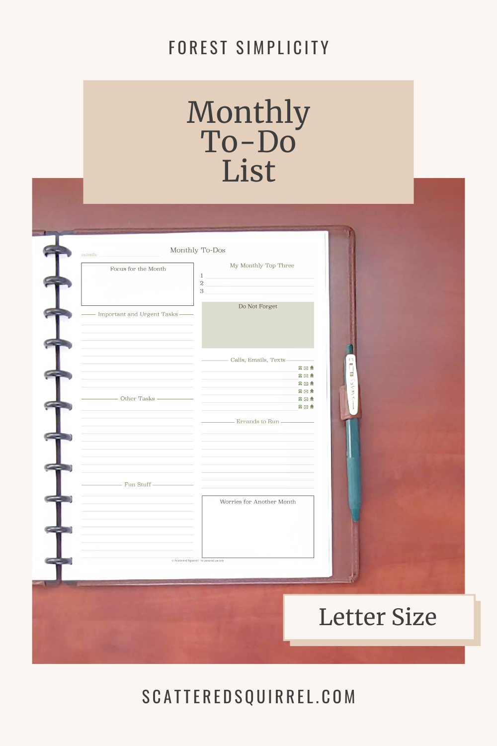 Text says "Forest Simplicity, Monthly To-Do list" and the image show a brown leather planner open on a wooden desk with a monthly to-do list page. This image links to the Letter Size Monthly To-Do List PDF