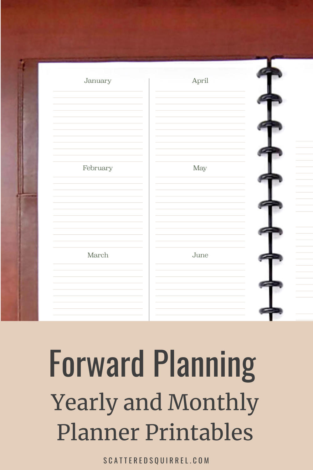Image shows a brown leather planner open on a desk. The planner is bound with black disks. On the visible planner page are two columns with monthly headings dividing the columns into 3 sections each. The text says "Forward Planning - Yearly and Monthly Planner Printables"