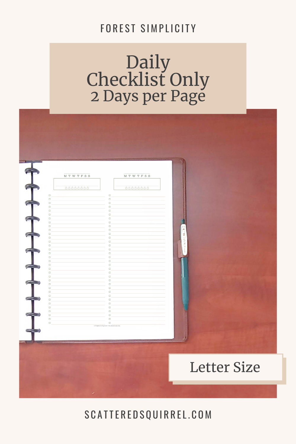 Image Reads - Forest Simplicity, Daily Checklist Only Two Days per Page. This image is linked to the Letter Sized Daily Checklist Only Two Days per Page pdf.