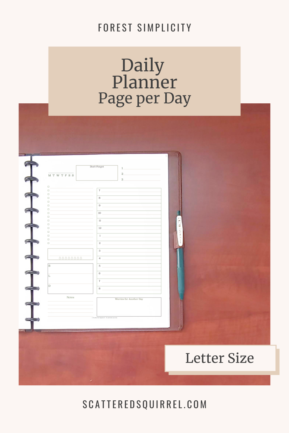 Image Reads - Forest Simplicity, Daily Planner Page per Day. This image is linked to the Letter Sized Daily Planner Page per Day pdf.