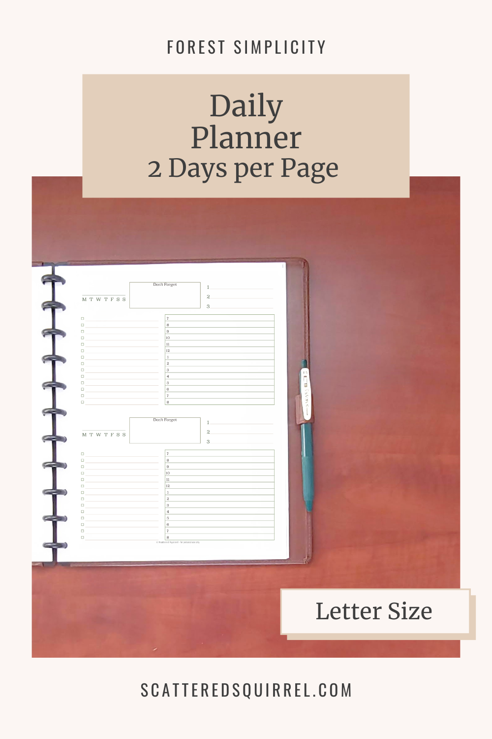 Image Reads - Forest Simplicity, Daily Planner Two Days per Page. This image is linked to the Letter Sized Daily Planner Two Days per Page pdf.