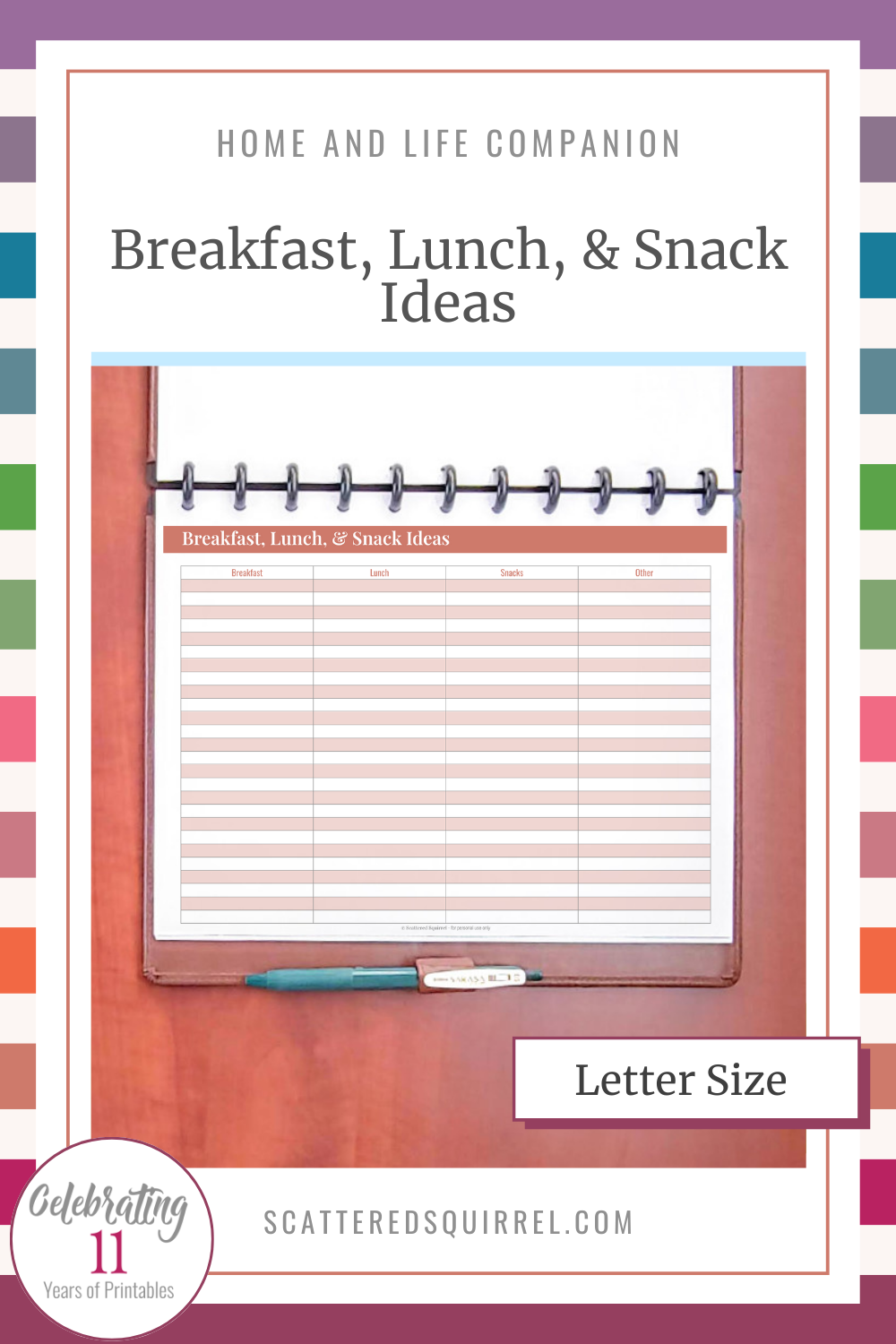 This image links to the Breakfast, Lunch, and Snack Ideas Planner PDF. This letter size printable offers you room to list ideas for breakfast, lunch, and snack options.