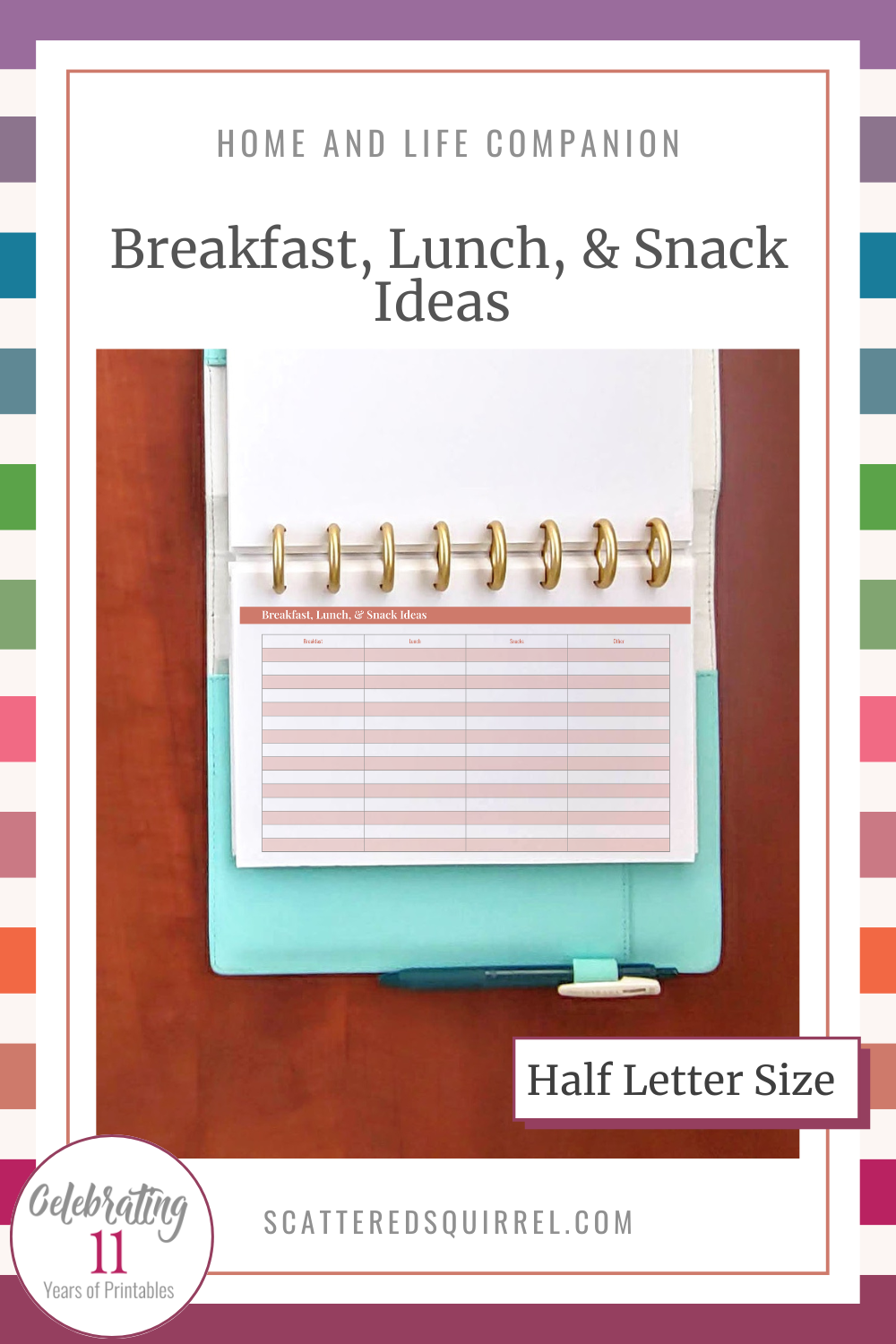 This image links to the Breakfast, Lunch, and Snack Ideas Planner- Half Letter PDF. This half letter size printable offers you room to list ideas for breakfast, lunch, and snack options.