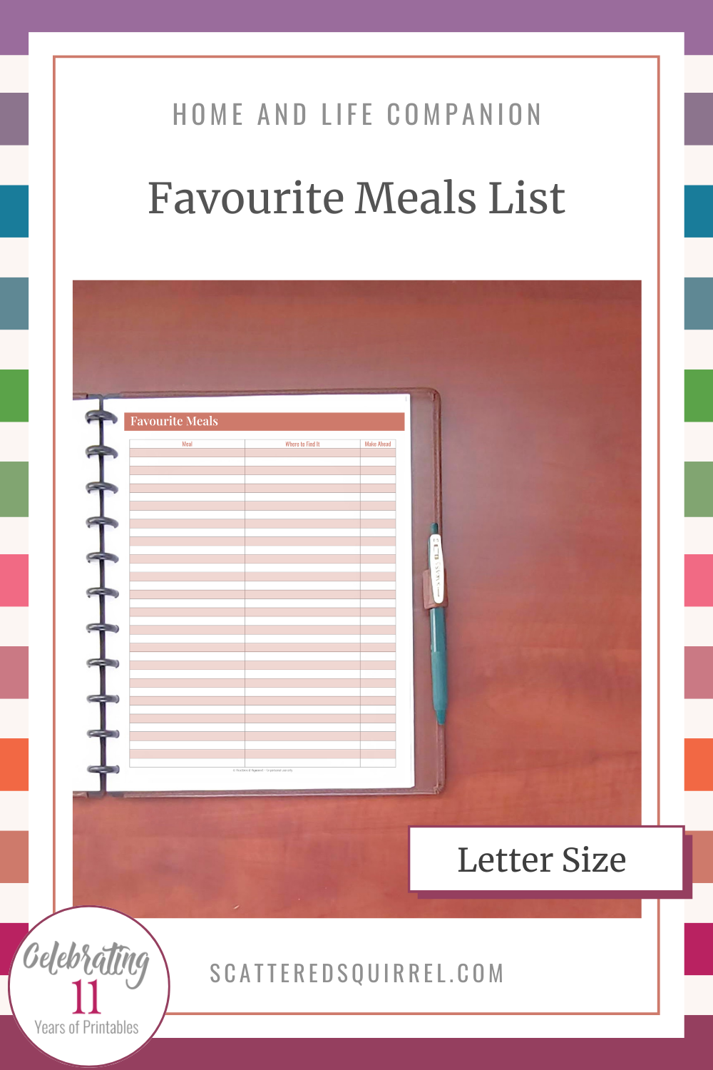 This image links to the Favourite Meals List PDF. This letter size printable allows you too keep track of your favourite meals, where the recipe, store, or restaurant is, and whether or not it can be made ahead of time.