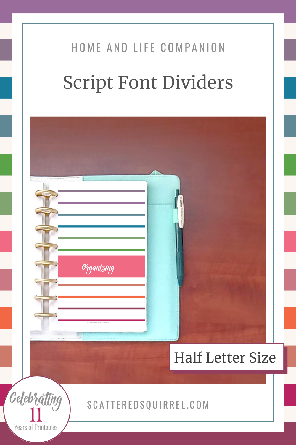 This image links to the Half Letter Size, Script Font Dividers PDF. This printable set is part of the Home and Life Companion series.