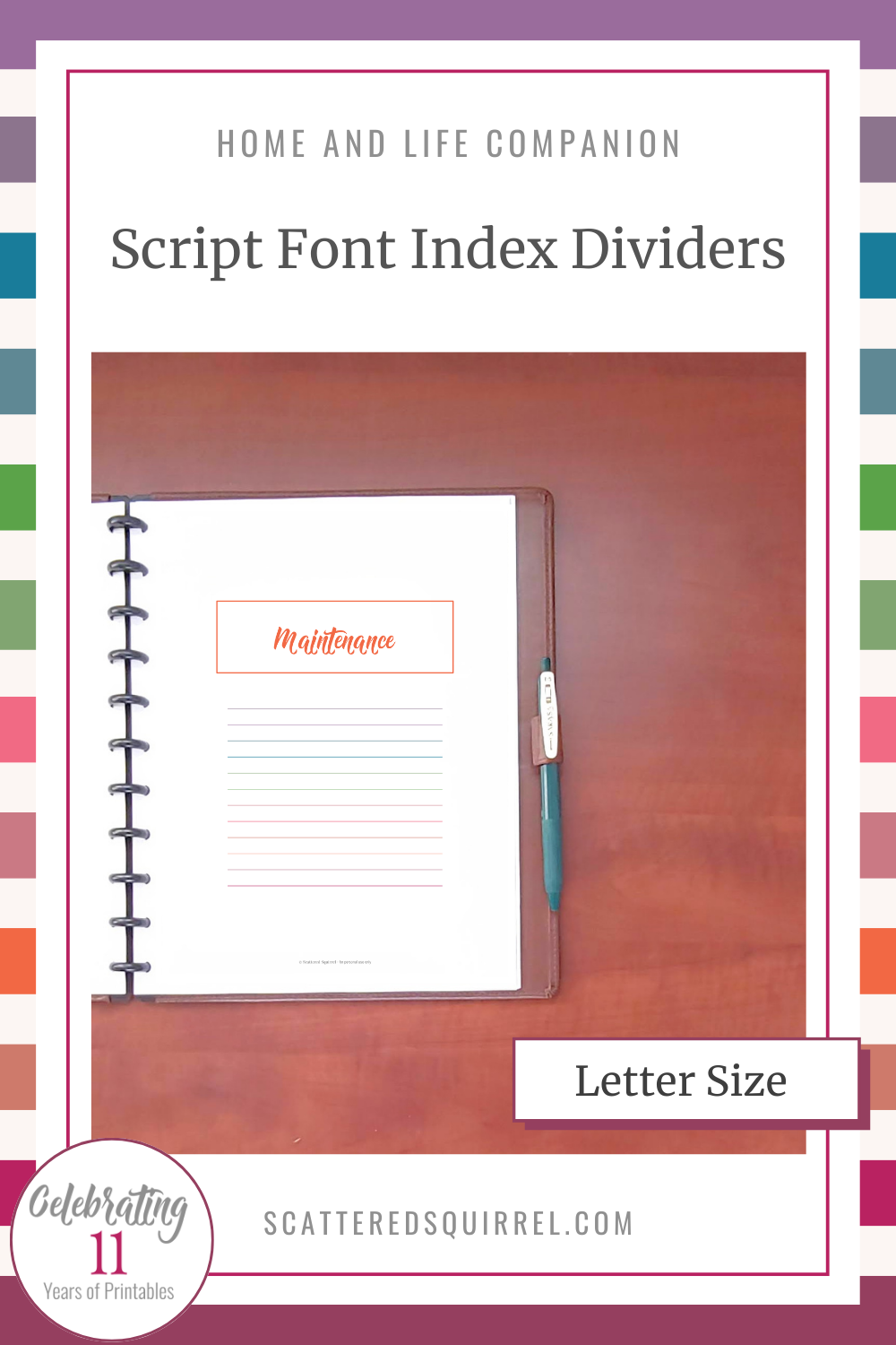 This image links to the Letter Size, Script Font Index Dividers PDF. This printable set is part of the Home and Life Companion series.