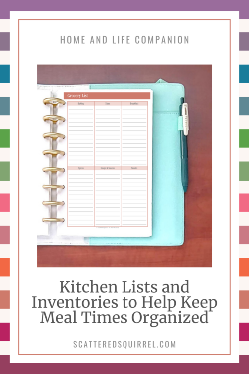 Image says Home and Life Companion at the top. Under the text is an picture of a teal leather planner lying open on a wooden desk, open to a grocery list. Under that is text that reads, Kitchen Lists and Inventories to Help Keep Meal Times Organized.