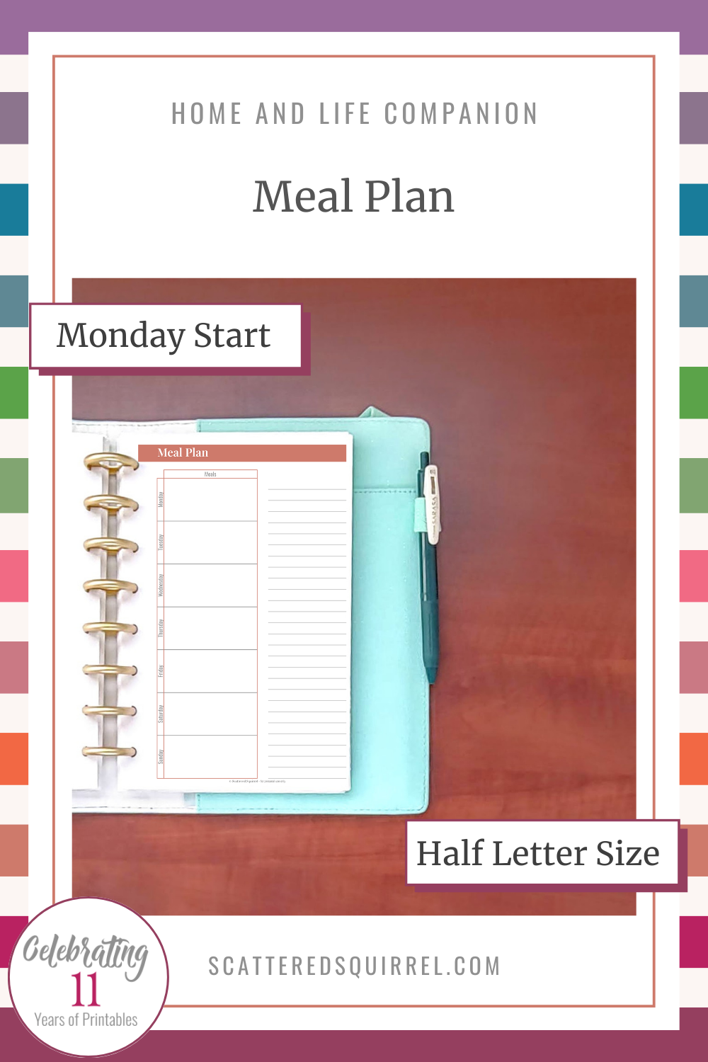 This image links to the Meal Plan - Monday Start - Half Letter PDF. This printable is half letter size and allows you space to plan your dinners for one week with a lined space for lists or planning other meals.