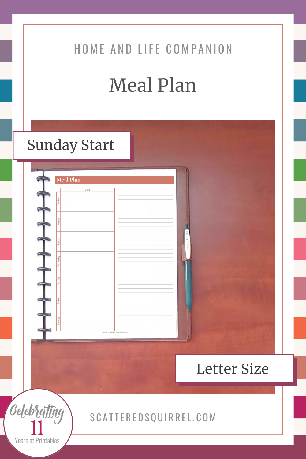 This image links to the Meal Plan - Sunday Start PDF. This printable is letter size and allows you space to plan your dinners for one week with a lined space for lists or planning other meals.