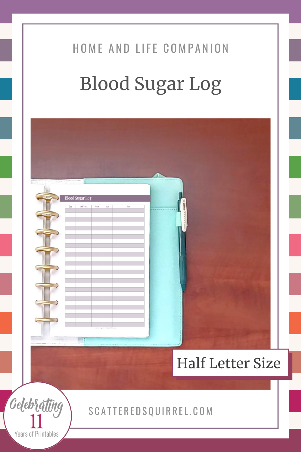 This image links to the half letter size Blood Sugar Log PDF printable.