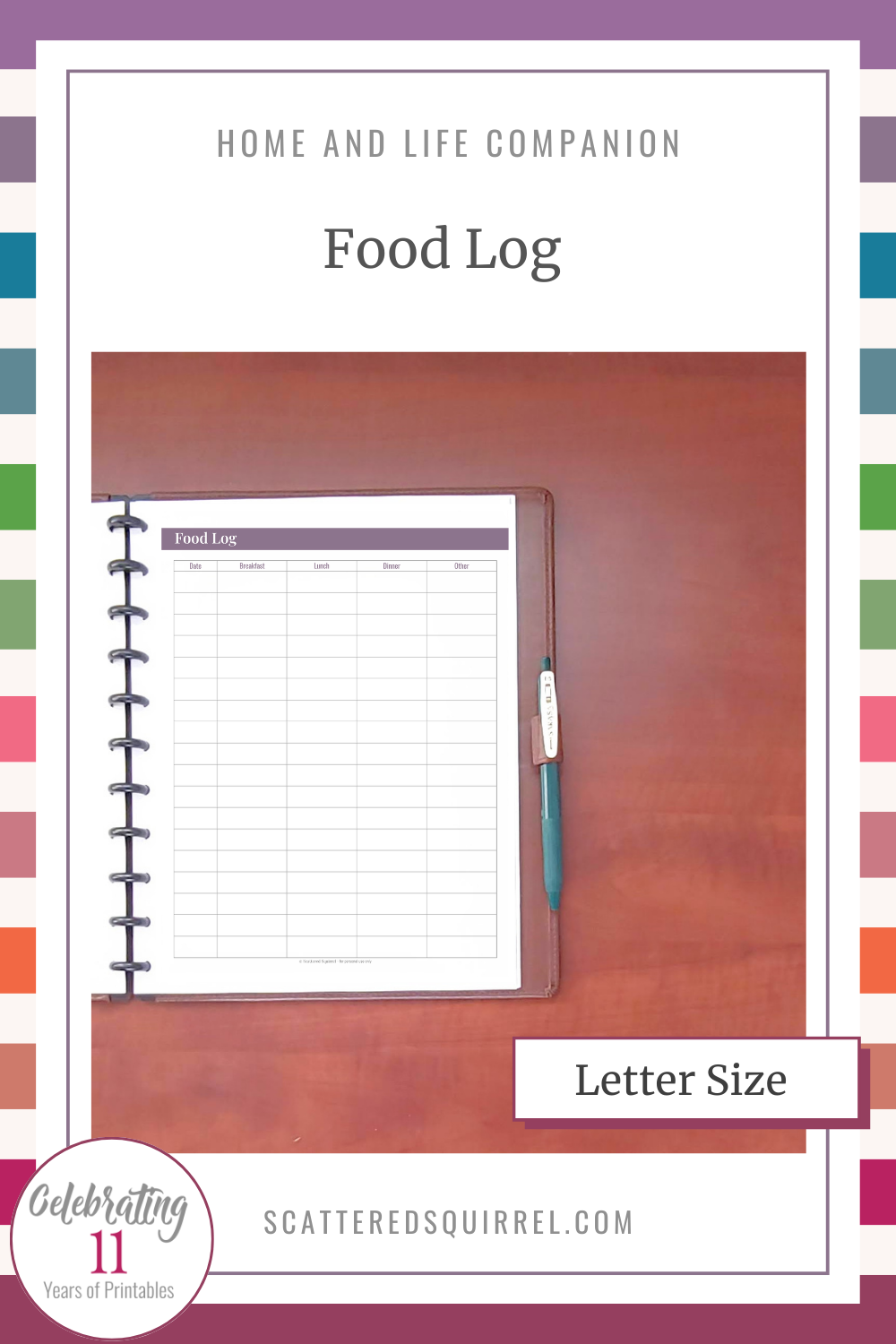 This image links to the letter size Food Log PDF printable.