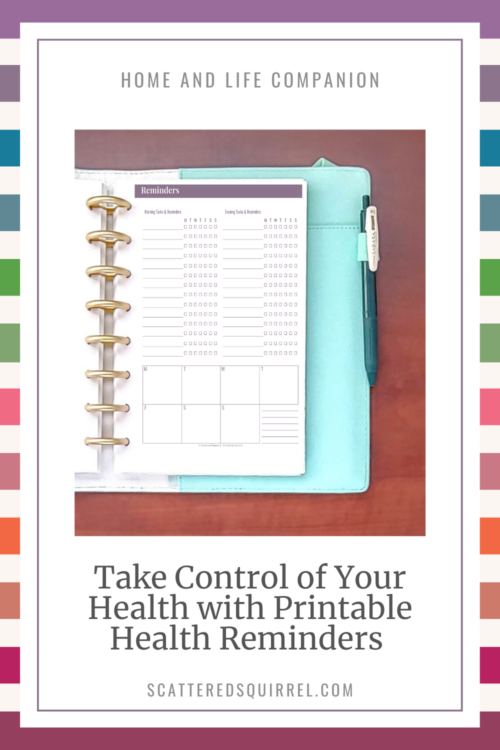 Image say home and life companion and the top. There is a picture the right half of an open planner lying on a wooden desk. The page the planner is showing is a reminders planner in half letter size. The text at the bottom reads " Take Control of Your Health with Printable Health Reminders."