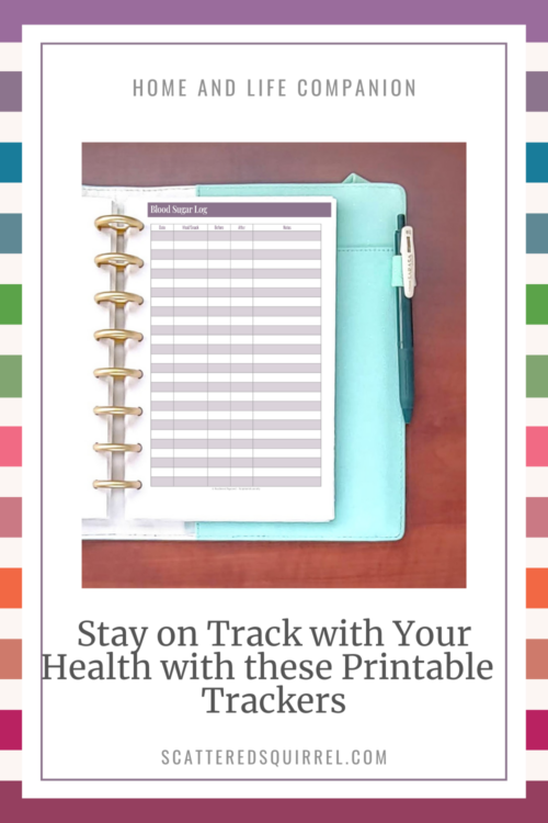 Image say home and life companion and the top. There is a picture the right half of an open planner lying on a wooden desk. The page the planner is showing is a blog sugar tracker in half letter size. The text at the bottom reads " Stay on Track with Your Health with these Printable Trackers."