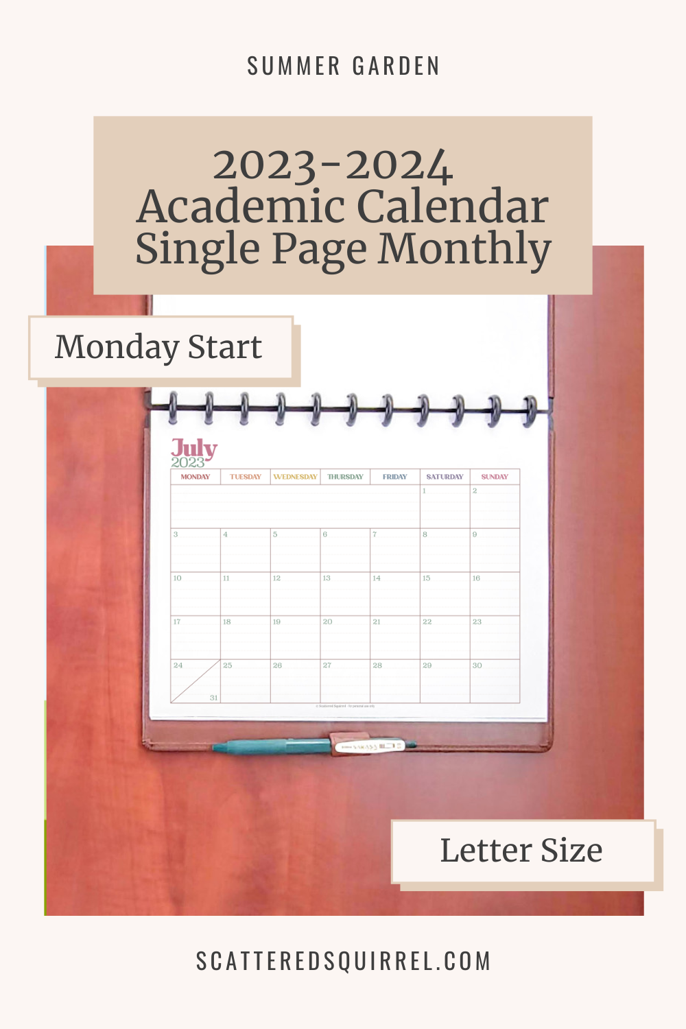 This image links to the letter size Monday Start Single Page per Month, 23-24 Academic Calendar PDF