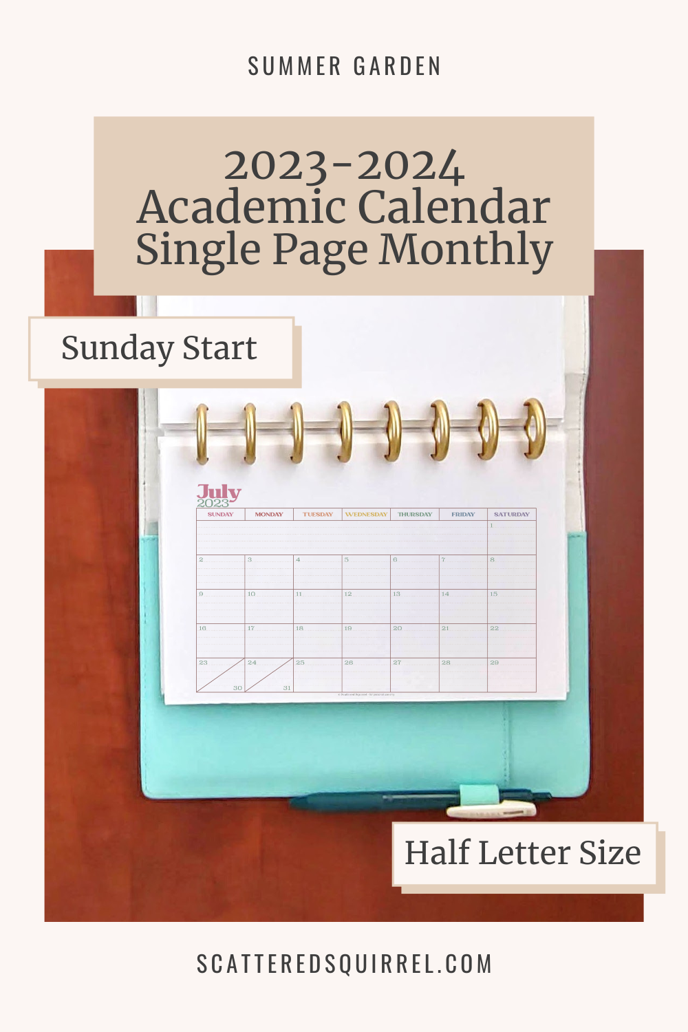 This image links to the half letter size Sunday Start Single Page per Month, 23-24 Academic Calendar PDF