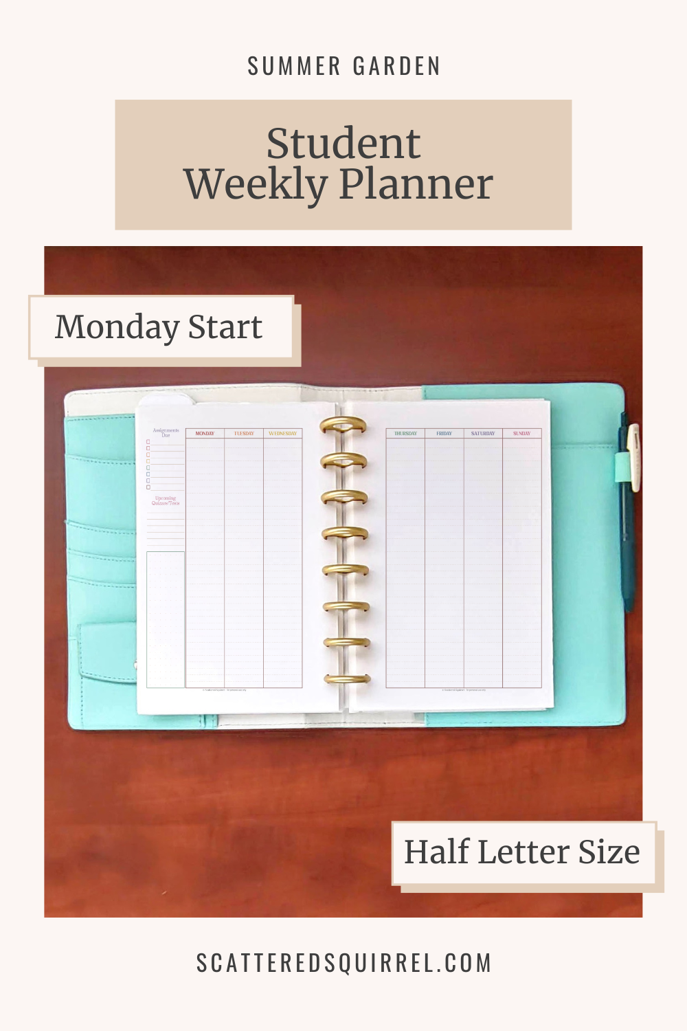 This image links to the half letter size Student Weekly Planner with a Monday Start PDF from the Summer Garden Collection.