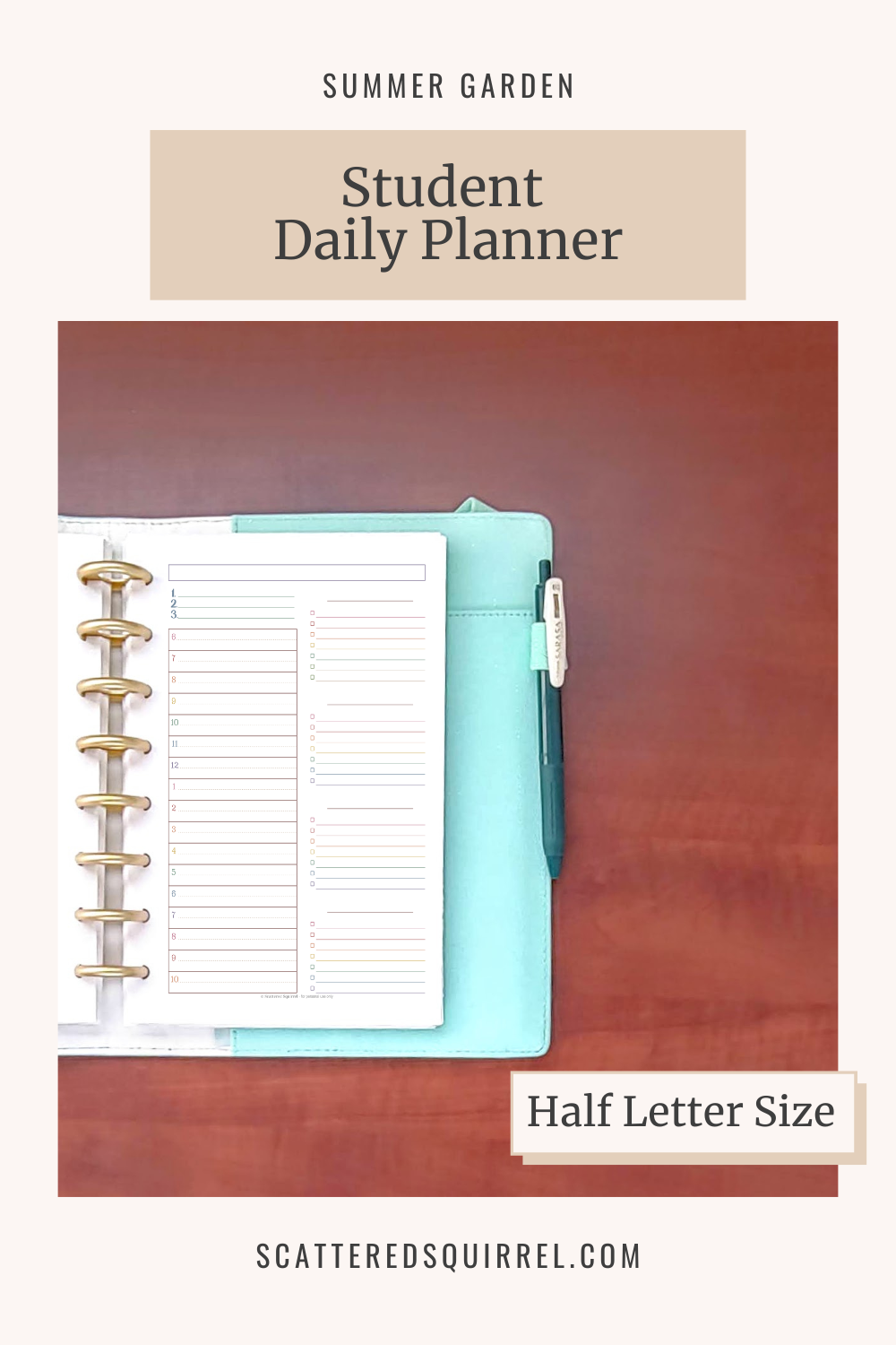 This image links to the half letter size Student Daily Planner PDF from the Summer Garden Collection.