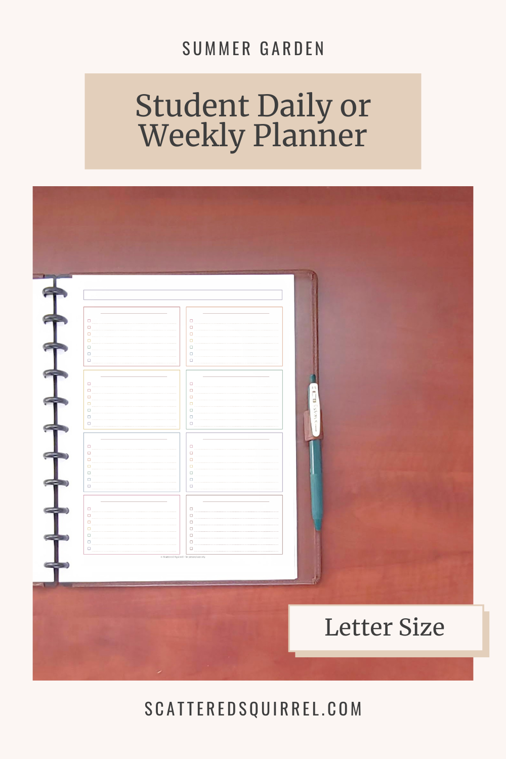 This image links to the letter size Student Daily or Weekly Planner PDF from the Summer Garden Collection.