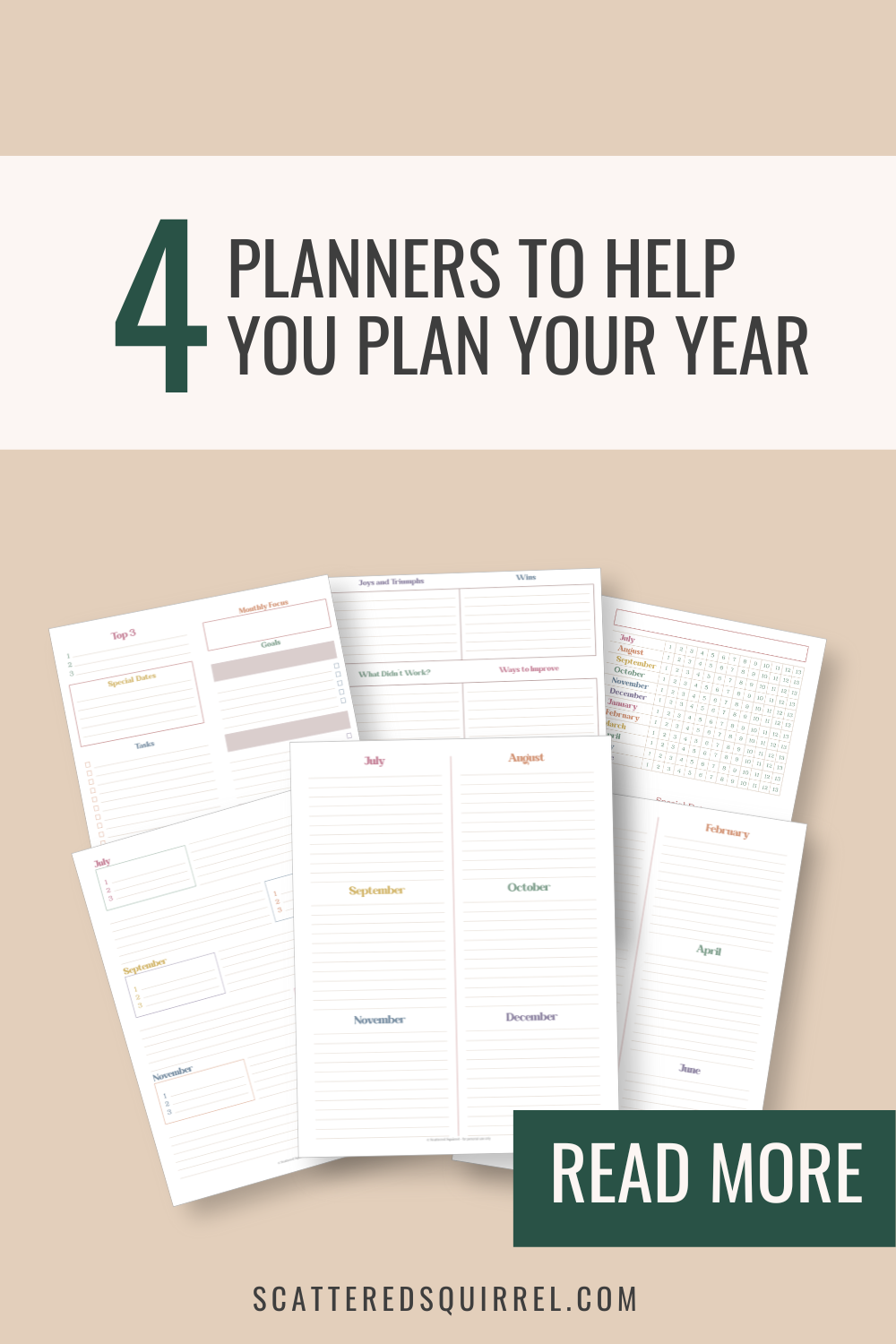 This is image is a graphic with a light beige background. On lighter colour banner is text that says " 4 Planners to Help You Plan Your Year." Beneath that is images of the planner pages, a monthly planner and review, a yearly planner, special dates pages, and a yearly overview planner. Under those is another banner coming off the right side of the image, that says "Read More."