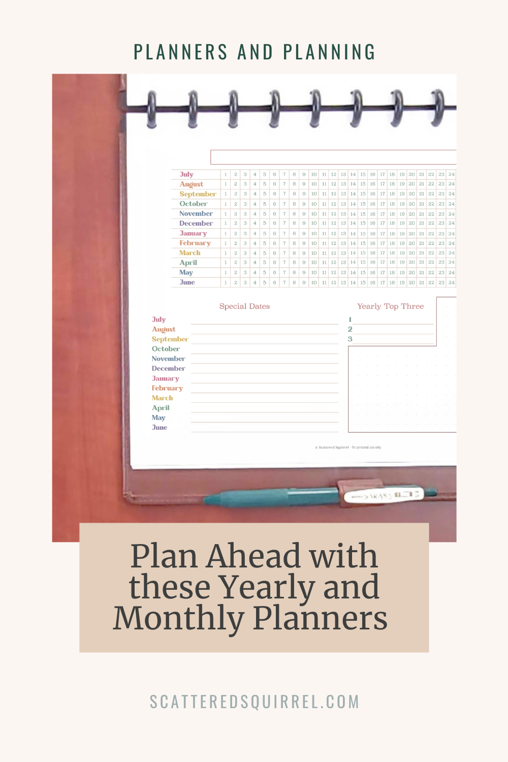 This image says "Planners and Planning" at the top. Under that is an image of a brown leather planner lying open on a wood desk. It is turned so it's in landscape orientation with the binding discs at the top. The page showing is a yearly planner. Below the picture is text that says "Plan Ahead with these Yearly and monthly Planners."