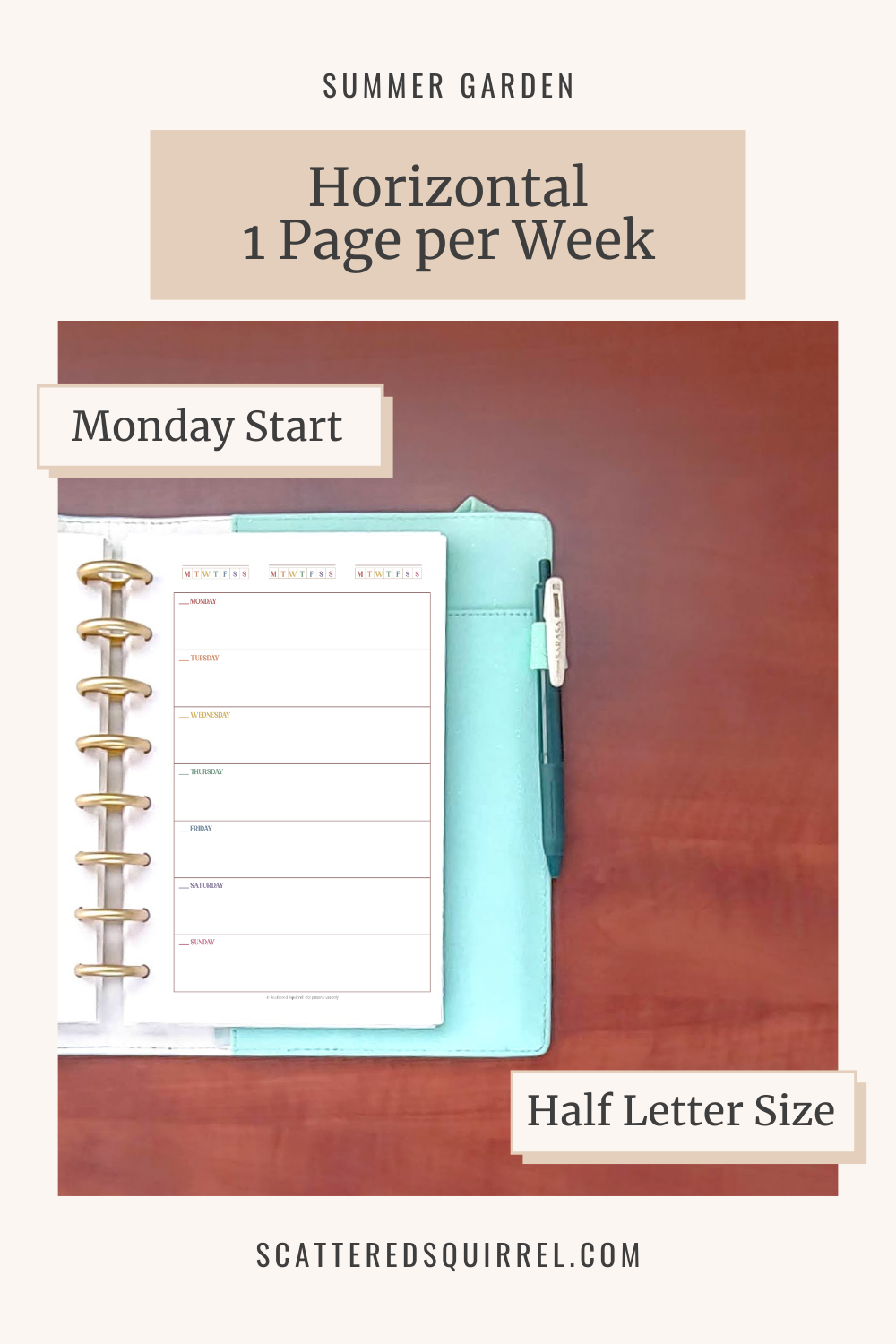 This image links to the half letter size, Monday start, Horizontal Weekly Planner PDF in the Summer Garden Collection of printables.