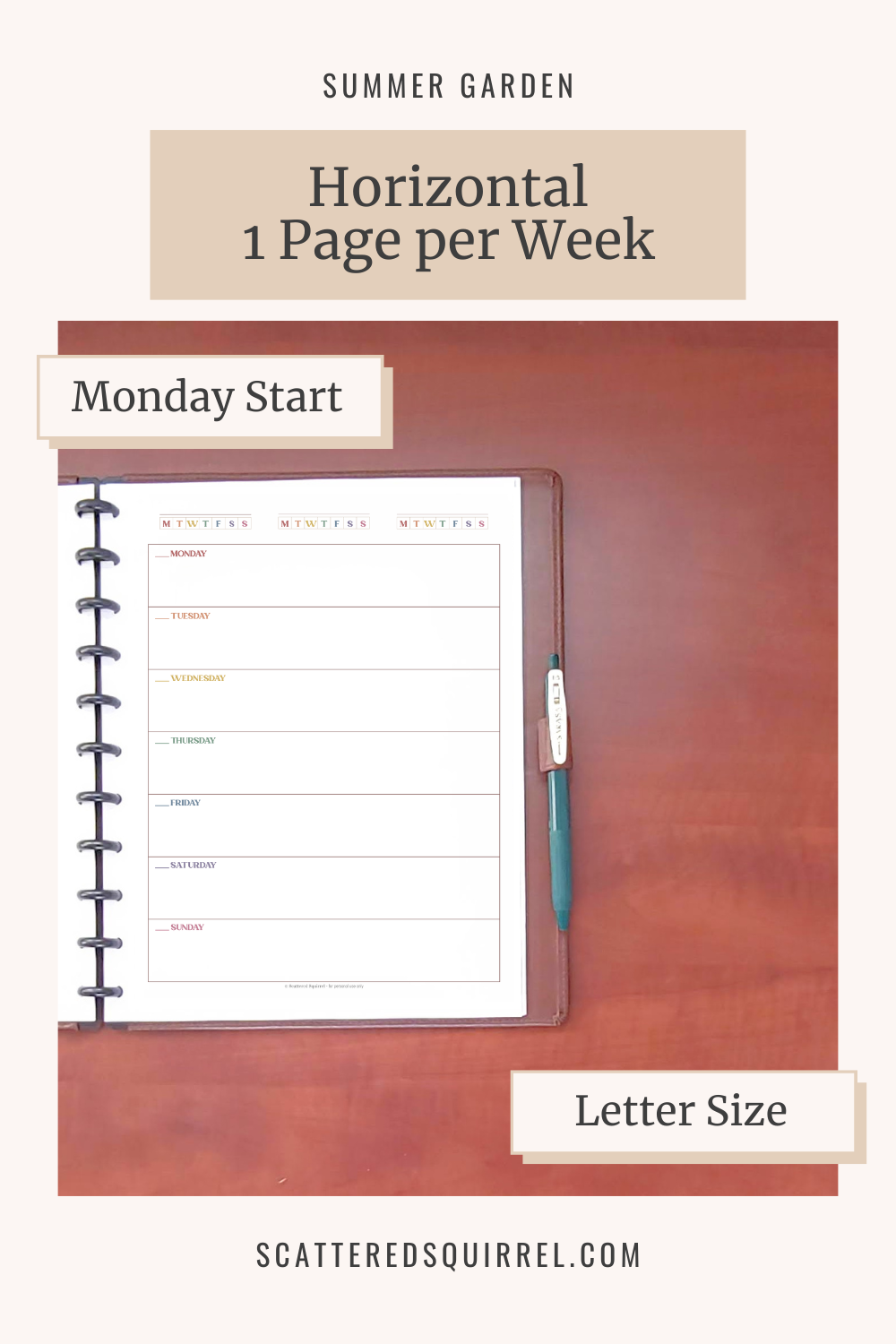 This image links to the letter size, Monday start, Horizontal Weekly Planner PDF in the Summer Garden Collection of printables.