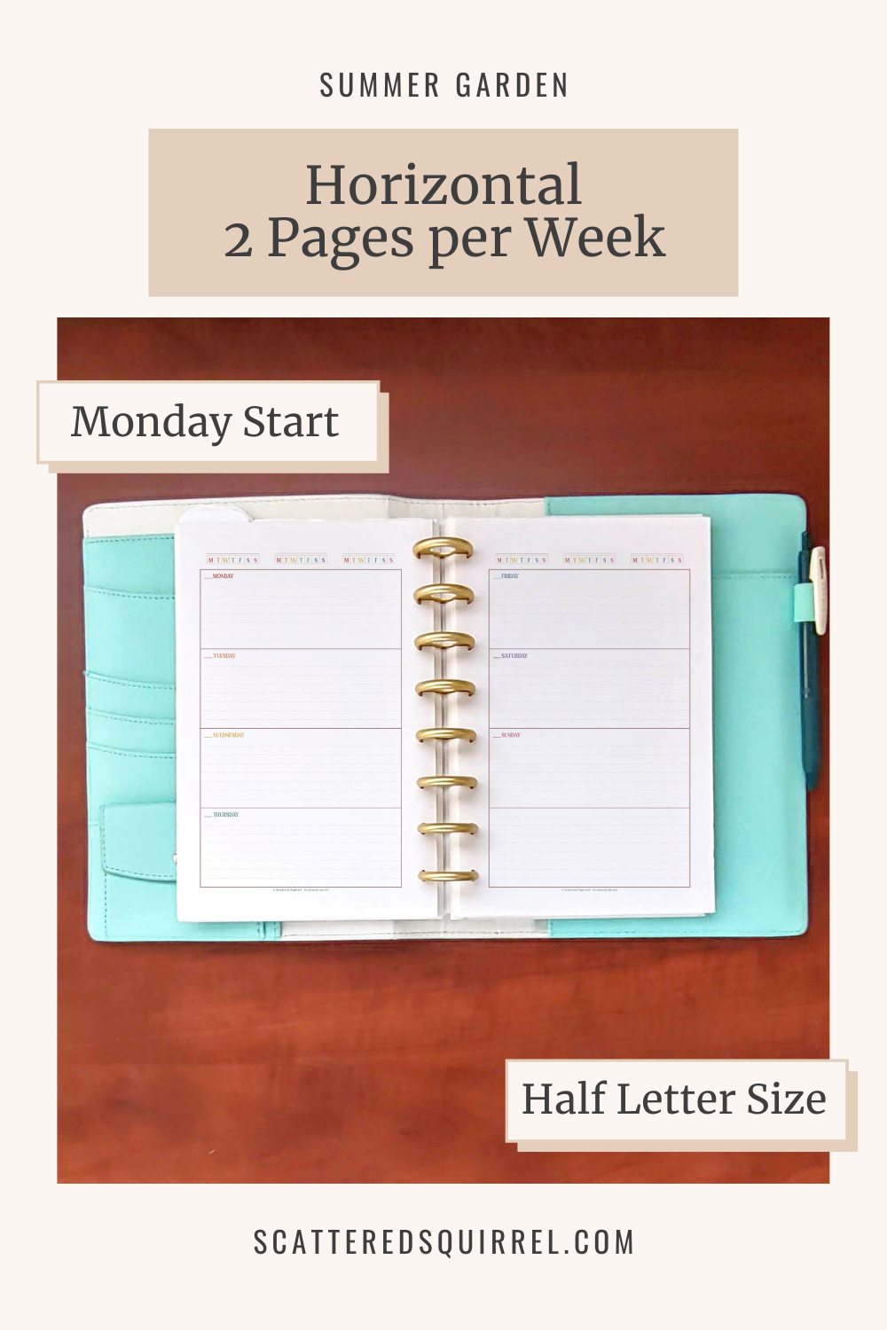 This image links to the half letter size, Monday start, Horizontal Two Pages per Week, Weekly Planner PDF in the Summer Garden Collection of printables.