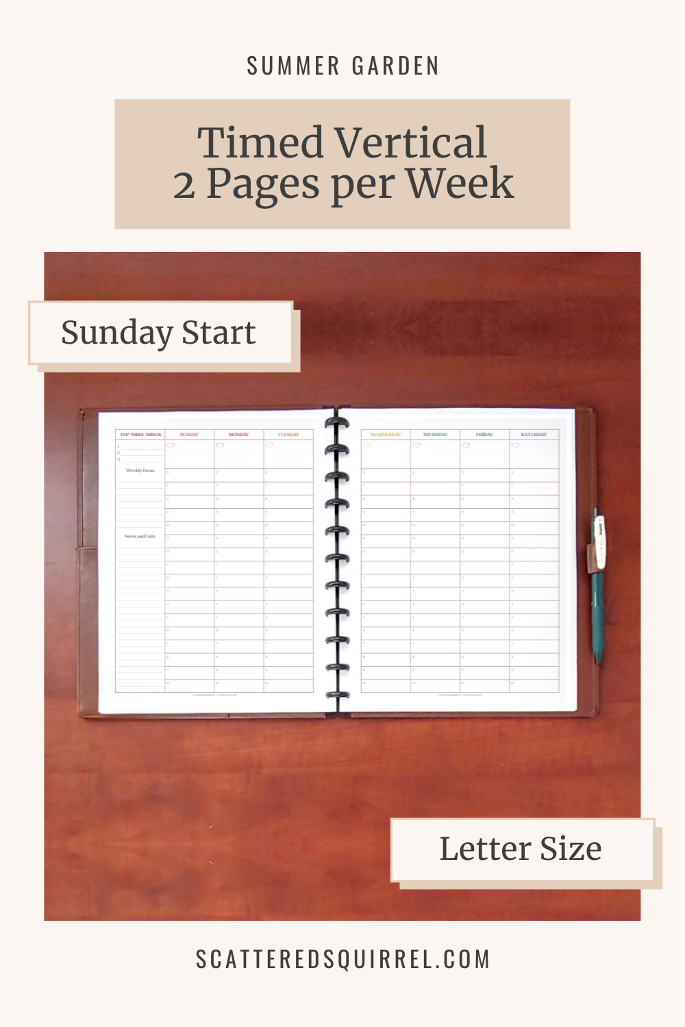 This image links to the letter size, Sunday start, Timed Vertical Two Pages per Week, Weekly Planner PDF in the Summer Garden Collection of printables.