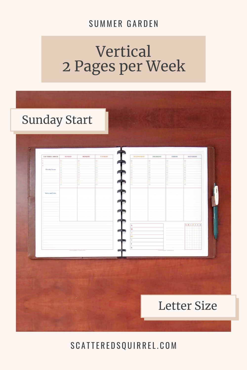 This image links to the letter size, Sunday start, Vertical Two Pages per Week, Weekly Planner PDF in the Summer Garden Collection of printables.