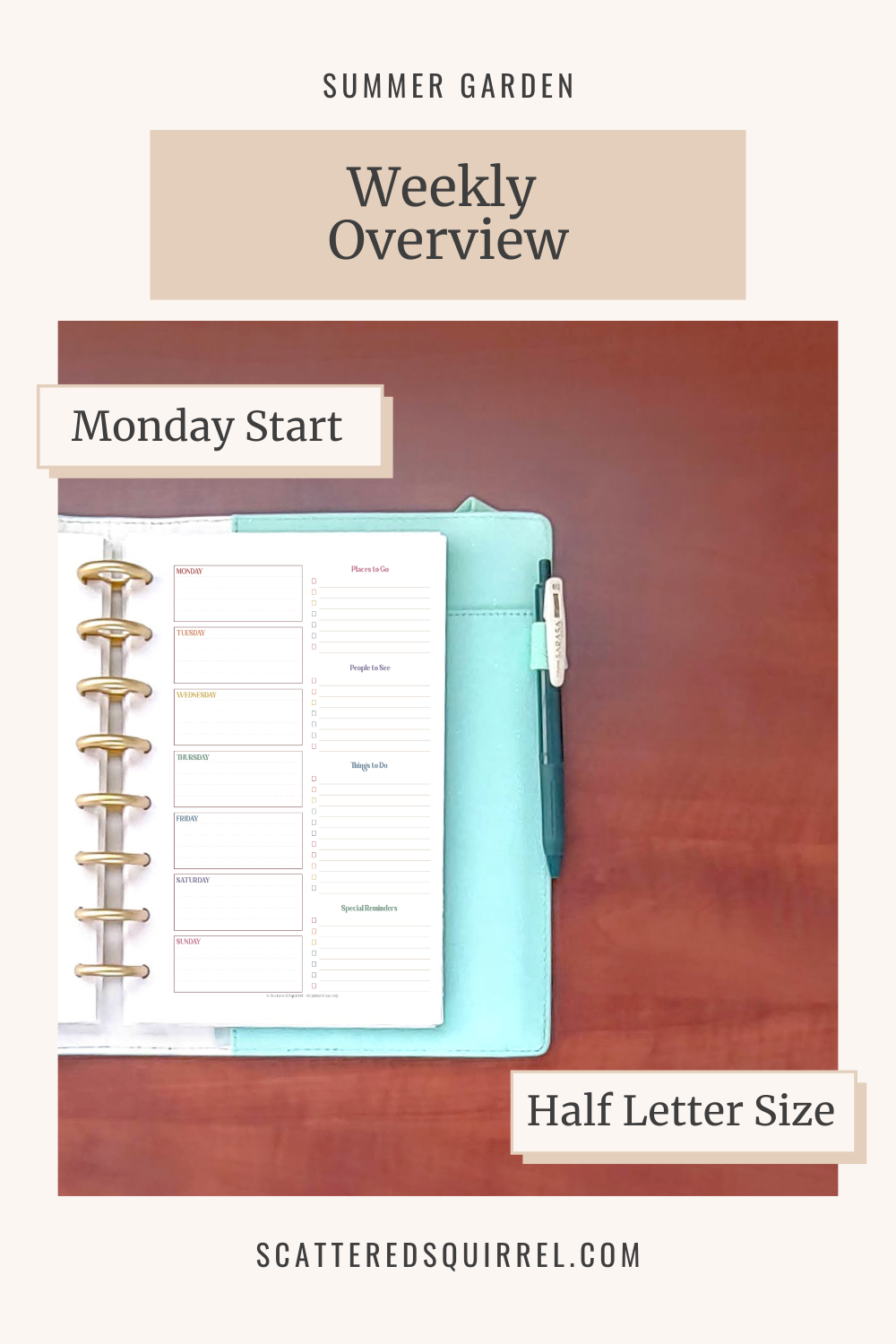 This image links to the half letter size, Monday start, Weekly Overview PDF in the Summer Garden Collection of printables.