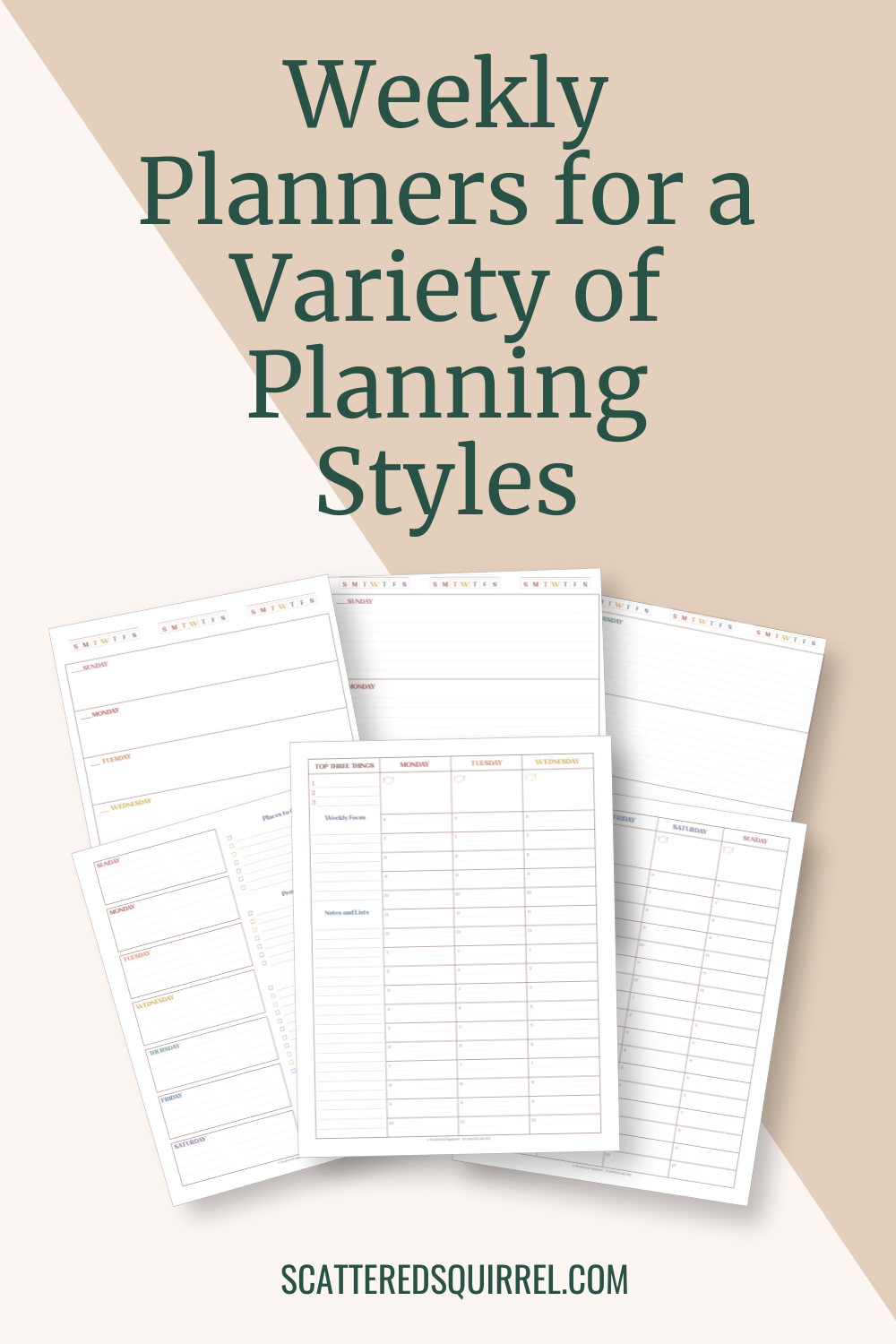 This image has a medium brown and tan colour blocked background the is split digonally in half from the top left corner to the bottom right. Tan on the bottom/left side and medium brown is on the other. Text at the top in black says "Weekly Planners for a Variety of Planning Styles". Underneath are the images of six planner pages, all of them different weekly layouts.