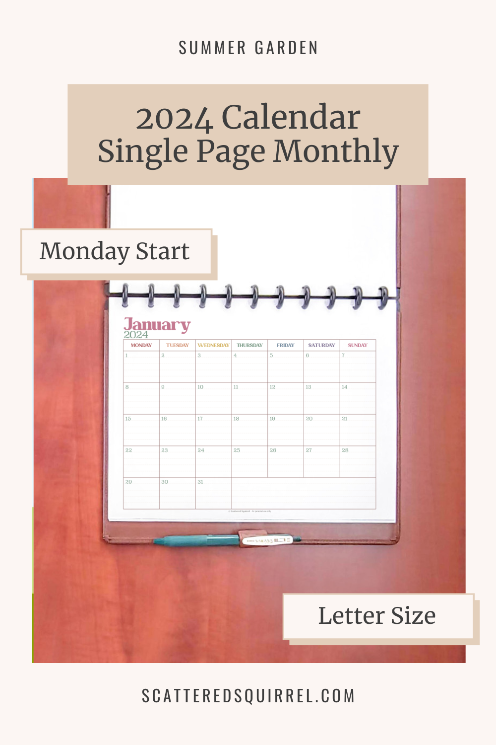 This image links to the Letter Size, Monday Start, Single Page per Month, 2024 Calendar PDF.