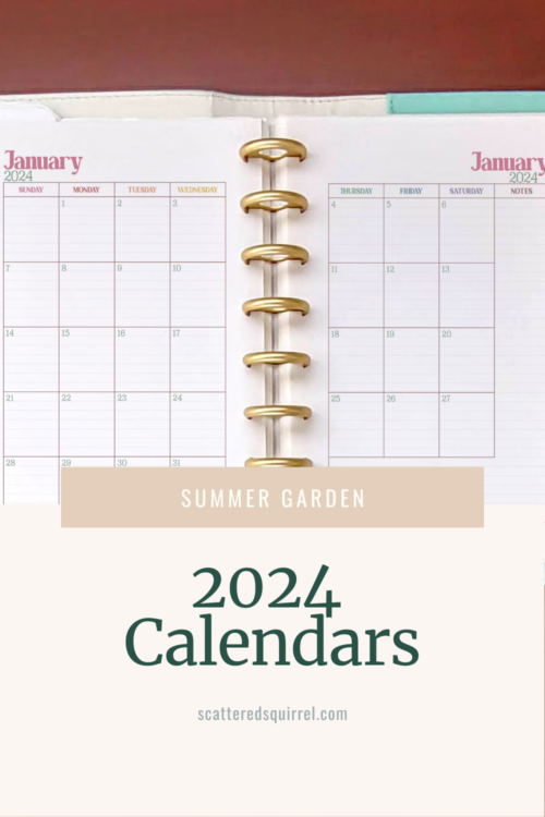 A planner lies open on a wooden desk. We can see almost all of both pages. The planner is open to a two page per month calendar for January 2024. Under is beige box with white text that says "Summer Garden" and below that on a light tan back ground is dark green text that says "2024 Calendars."