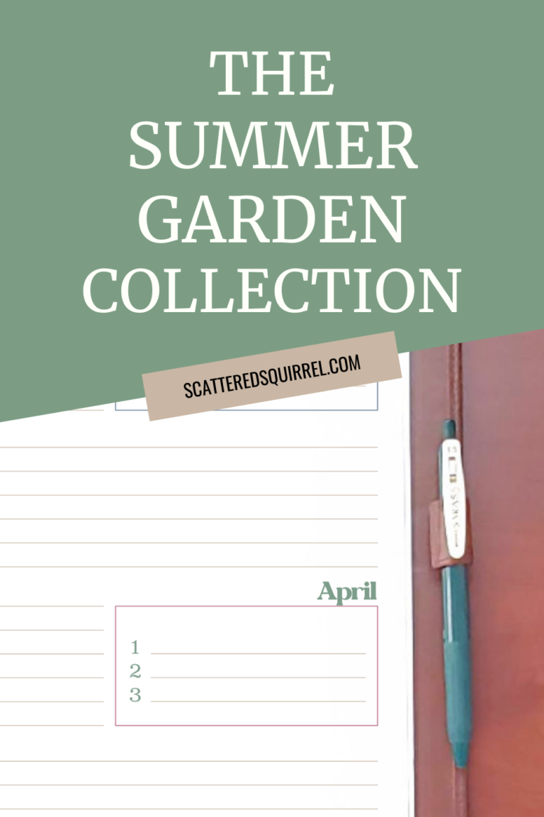 On a kelly greb background is white text that says "The Summer Garden Collection." Underneath is a partial picture of a brown leather planner with a yearly planning page partially showing the month of April.